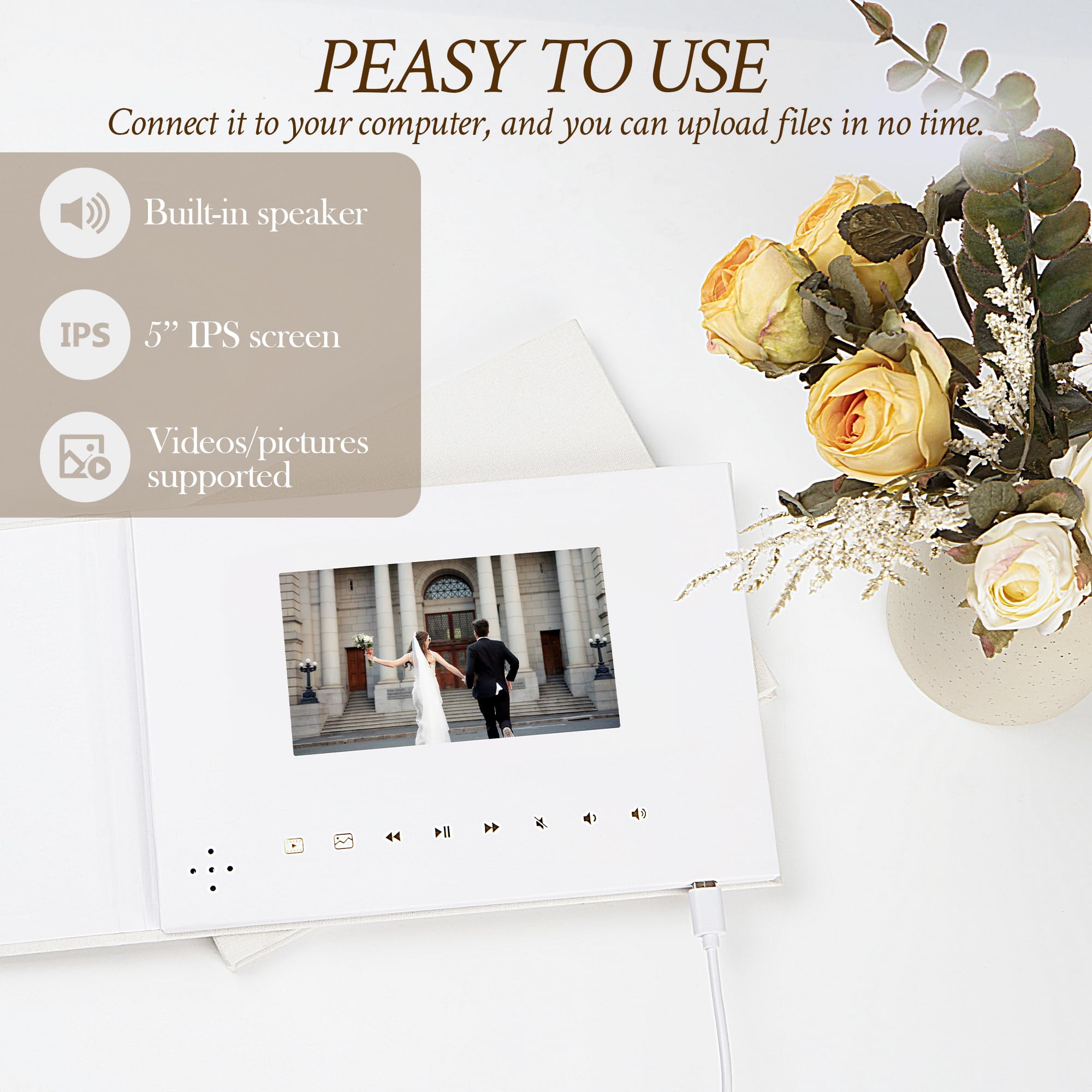 Livre photo et vidéo en lin de luxe, écran IPS de 5", mémoire de 4 Go, batterie rechargeable, jusqu'à 3 heures de stockage vidéo HD, parfait pour les mariages, anniversaires, anniversaires de mariage