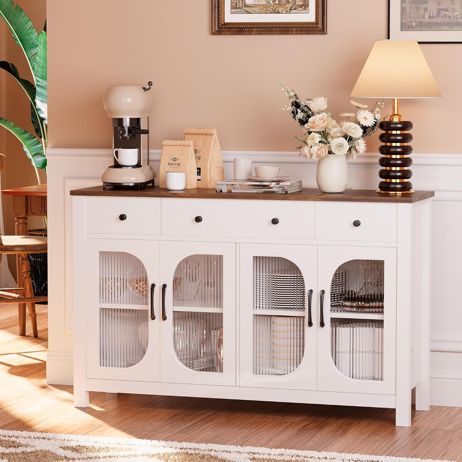 Close-up images detailing the recessed design, elegant wood grain top, and reinforced base of the spanspace 55 inch White Sideboard Buffet Cabinet
