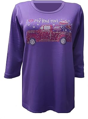 Red Hat Lady Bling Rhinestone Pick-up Truck with red Hats on Purple Shirt (1X)