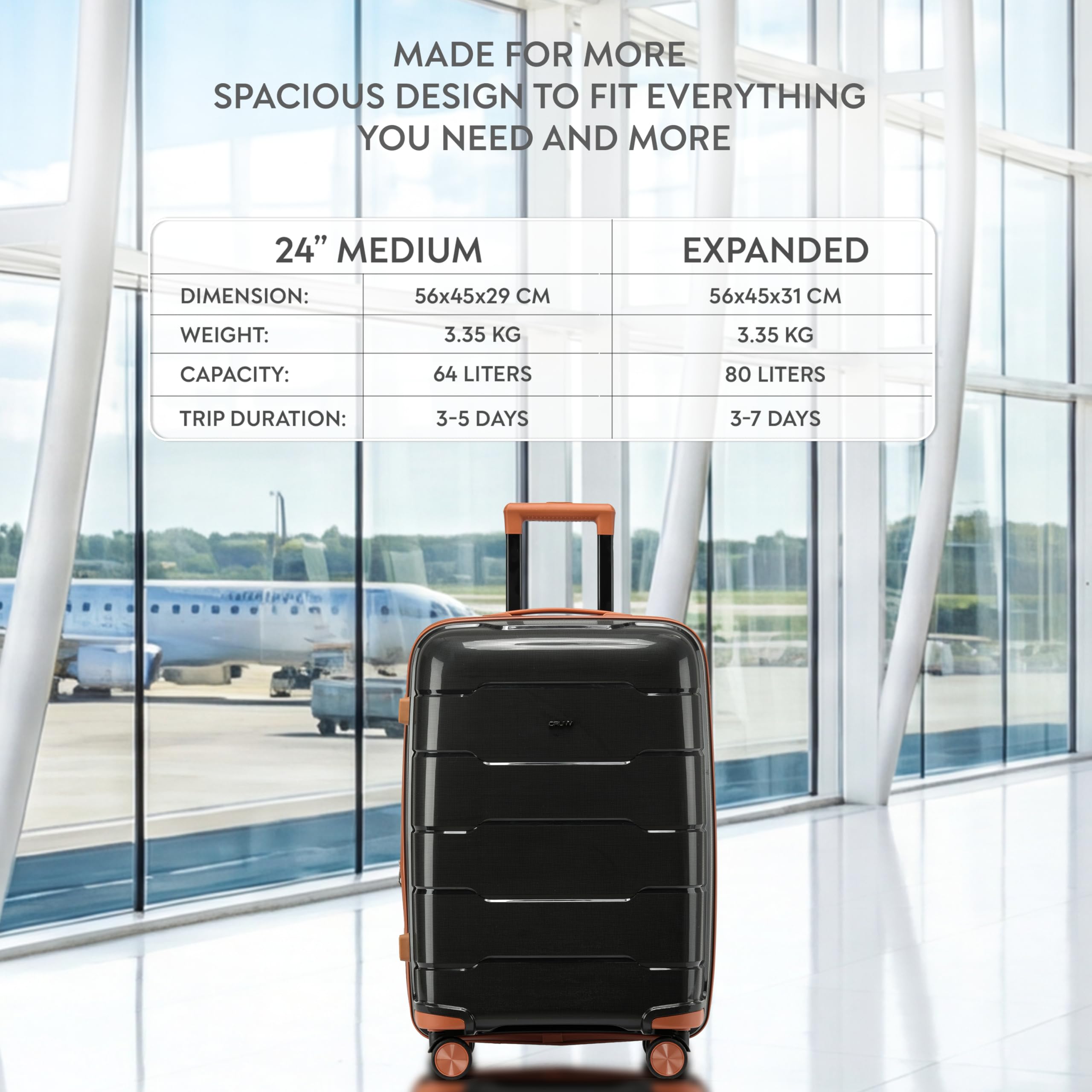 CRUW Medium 24" Checked Luggage 56x45x29cm + Expandable Hold Baggage (64/80 Liters) Polypropylene Suitcase TSA Approved Lock 8 Silent Spinner Wheels Lightweight Suitcases Airline-Approved Travel