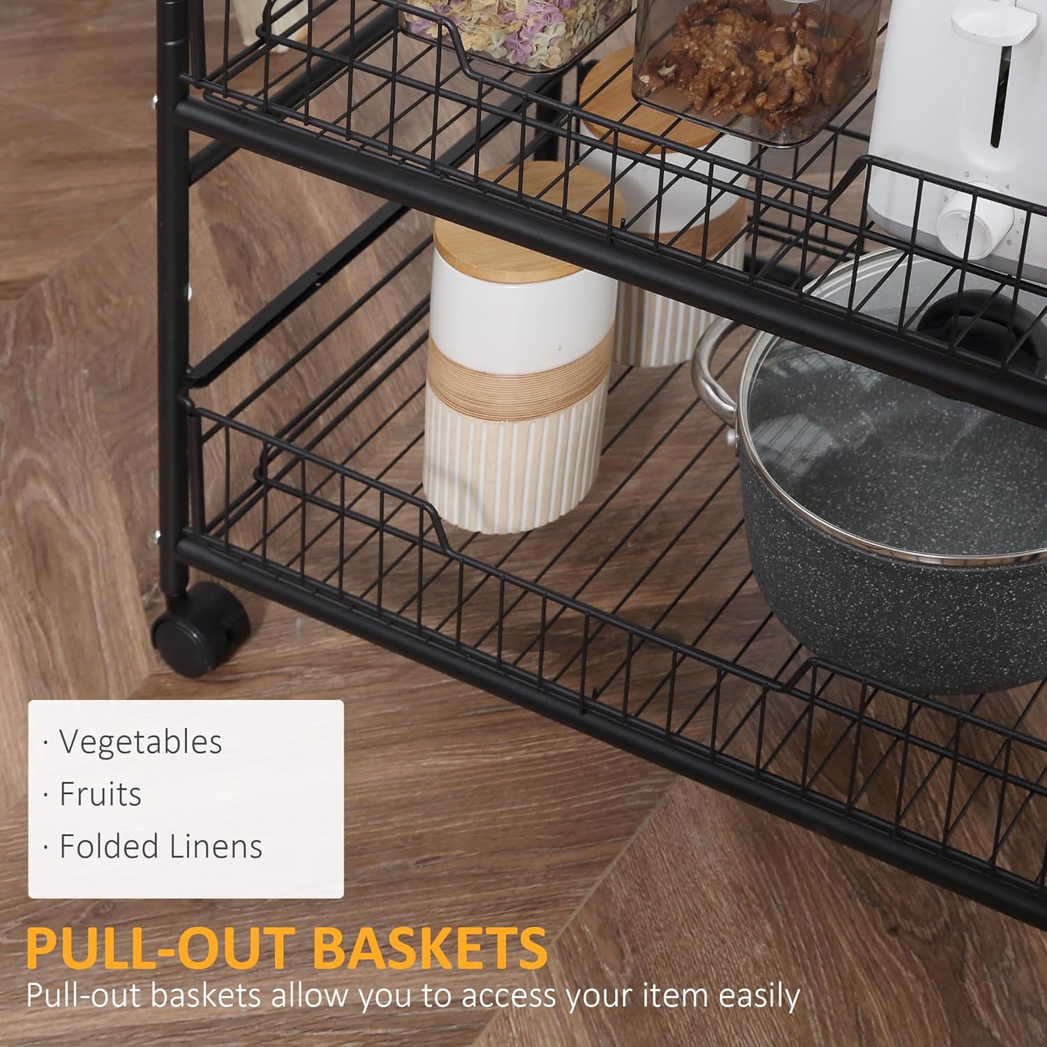 HOMCOM 3 Tier Kitchen Cart with Storage, Rolling Kitchen Island Cart with 2 Sliding Fruit Basket and Side Hooks for Dining Room, Walnut