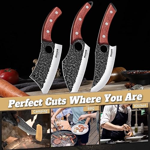 Miniatura 5 de Huusk Juego de 3 cuchillos de carnicero japoneses para cortar carne, juegos de cuchillos vikingos forjados a mano con cuchillo de carne, juegos de
