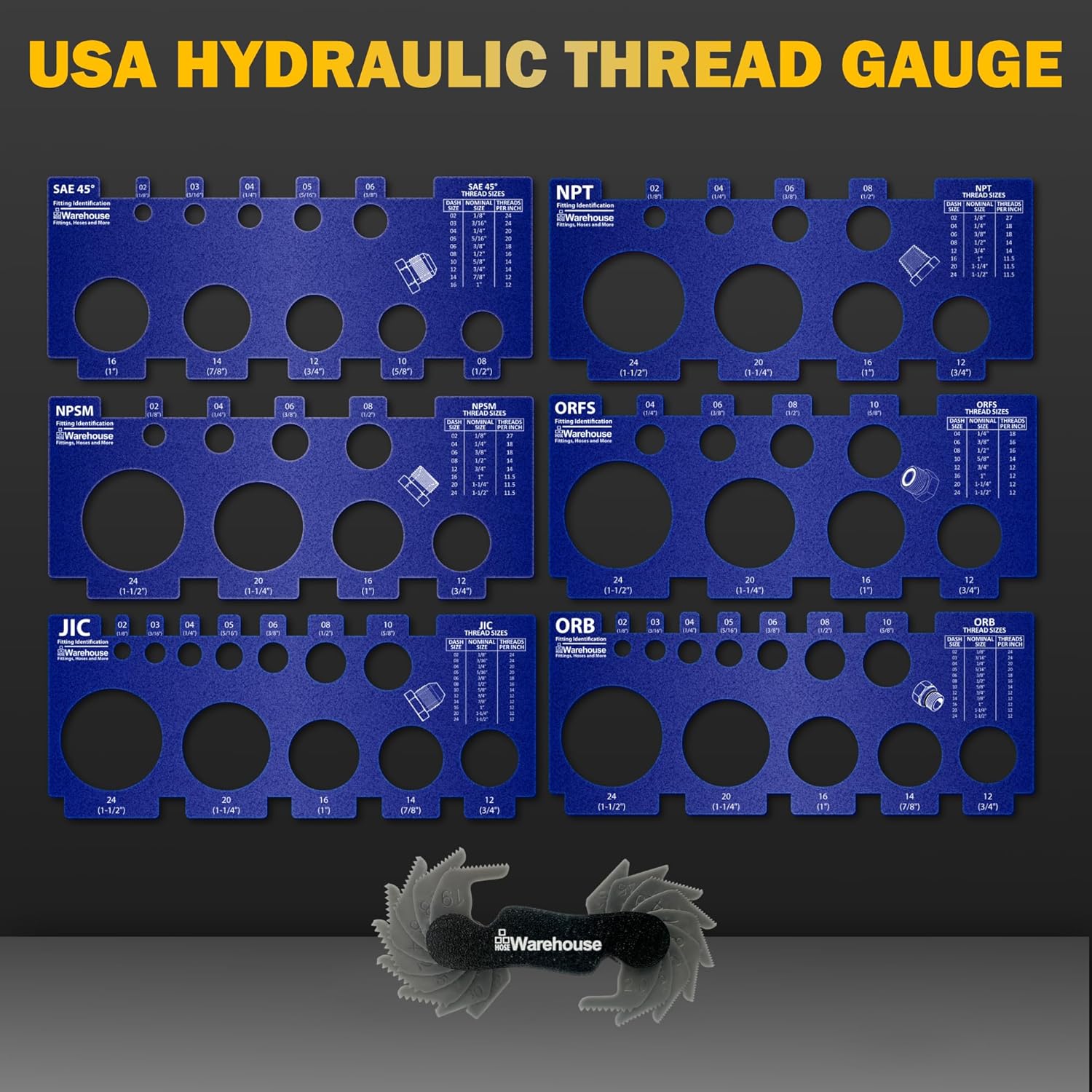 American Thread Identification Kit | Includes: Thread Pitch Gauge, Fitting Identification Cards, Vinyl Bag for Identifying NPT, JIC, ORFS, O-Ring Boss, NPSM, and SAE 45