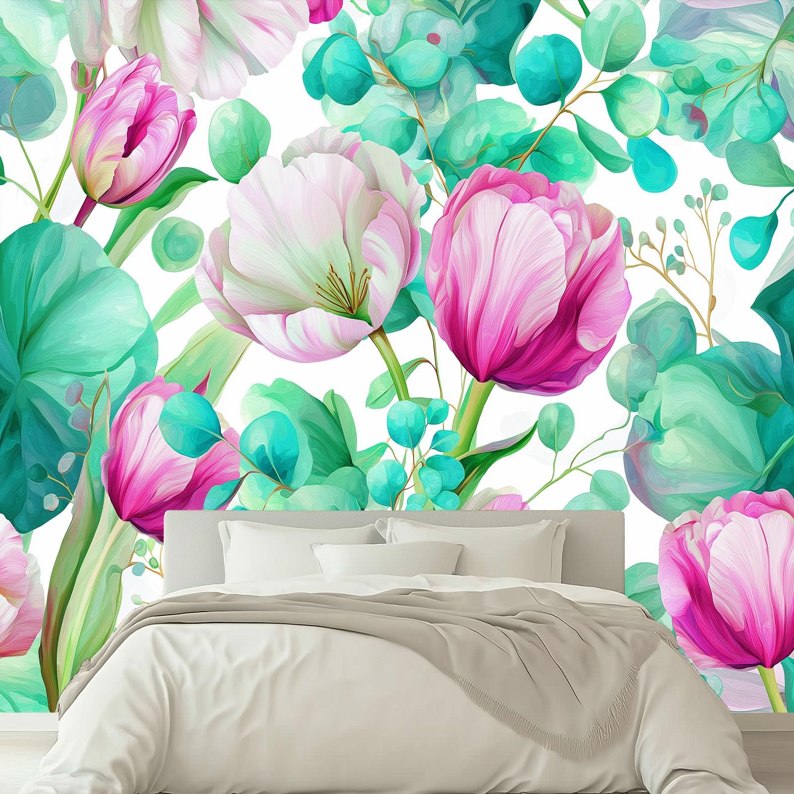 Générique Nowoczesna tapeta panoramiczna tulipan liść natura kwiat 200 x 140 cm wysokiej jakości gobelin ścienny z włókniny - dekoracja ścienna, do pokoju dziecięcego i biura zielona