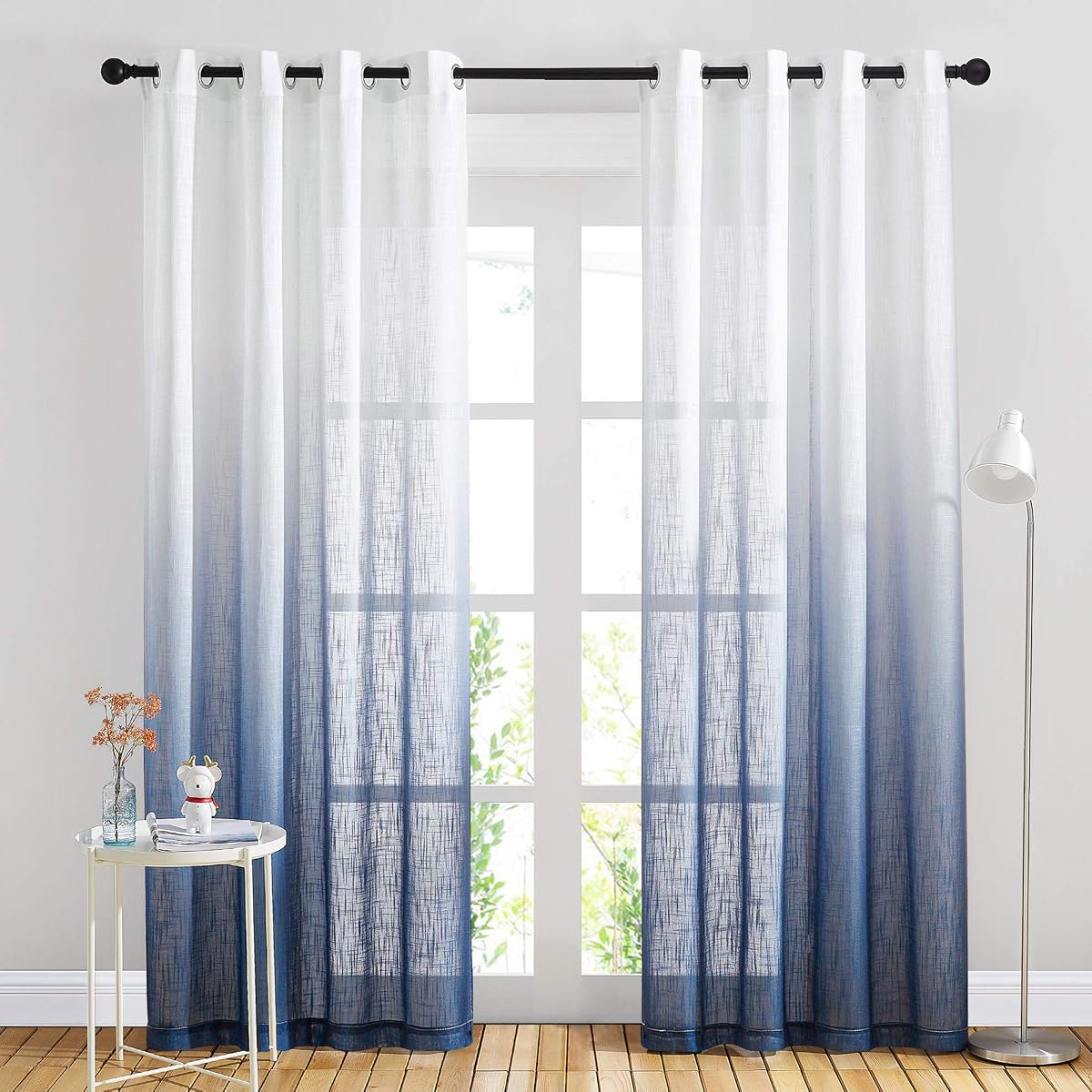 NICETOWN Cortinas Ombre transparentes de lino para dormitorio de sala de estar, tratamientos para ventanas verticales semi transparentes con ojales Privacidad con luz para habitación de niños, azul marino, W50 x L84, juego de 2