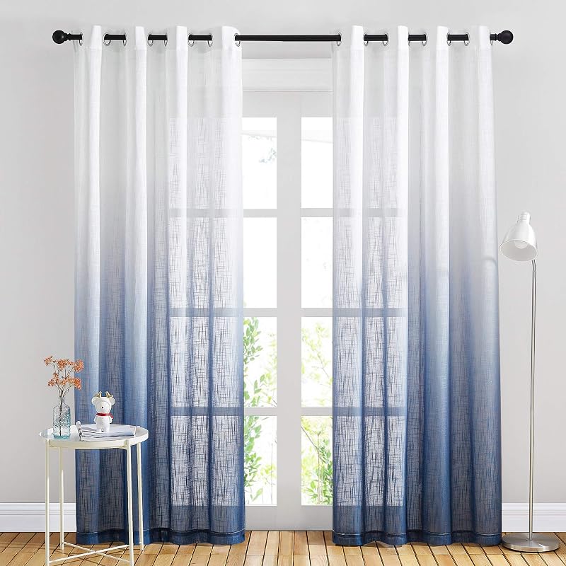 NICETOWN Cortinas Ombre transparentes de lino para dormitorio de sala de estar, tratamientos para ventanas verticales semi transparentes con ojales Privacidad con luz para habitación de niños, azul marino, W50 x L84, juego de 2