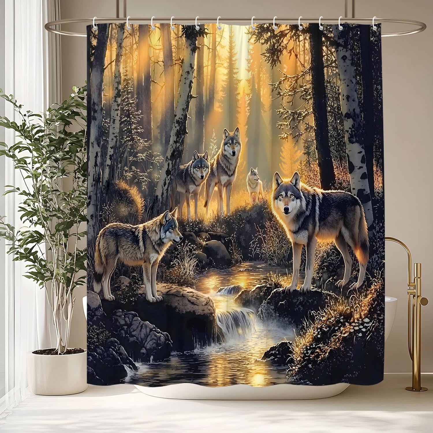 Wolf Shower Curtain Wild Animal Black Grey Pine Tree Birch Tree Misty Forest Safari Country Hunting Theme Oil Painting Decorative Curtain with Polyester Fabric