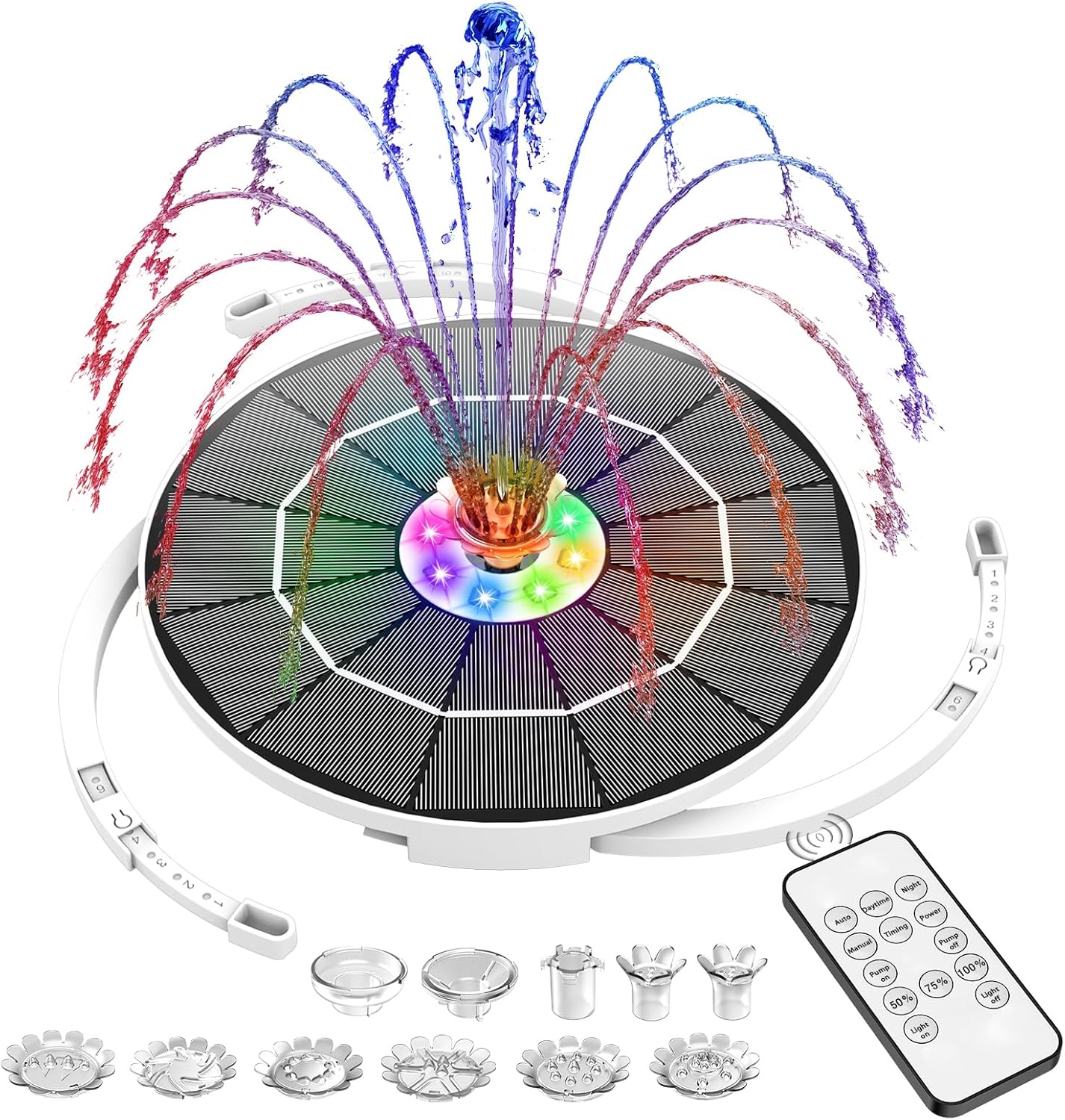 AISITIN 3.5W Solar Fountain with Remote Control, LED Colorful Lights & 3000mAh Battery, Solar Fountain Pump with Bracket and 8 Nozzles, Solar Water Fountain for Bird Bath, Garden, Pond and Outdoor