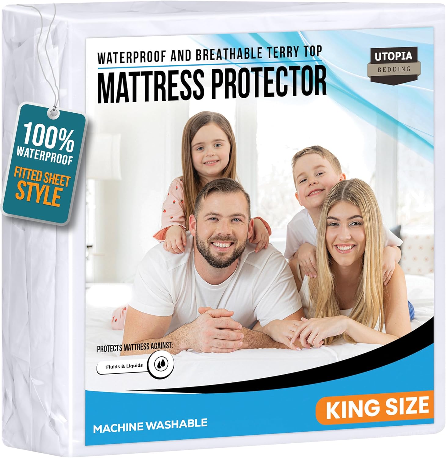 King Size Mattress Protector Waterproof, Premium 200 GSM Terry Mattress Cover, Soft & Breathable Bed Cover, Fitted Sheet Style Stretchable Deep Pockets 17" by Utopia Bedding (White)