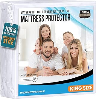 King Size Mattress Protector Waterproof, Premium 200 GSM Terry Mattress Cover, Soft & Breathable Bed Cover, Fitted Sheet Style Stretchable Deep Pockets 17" by Utopia Bedding (White)