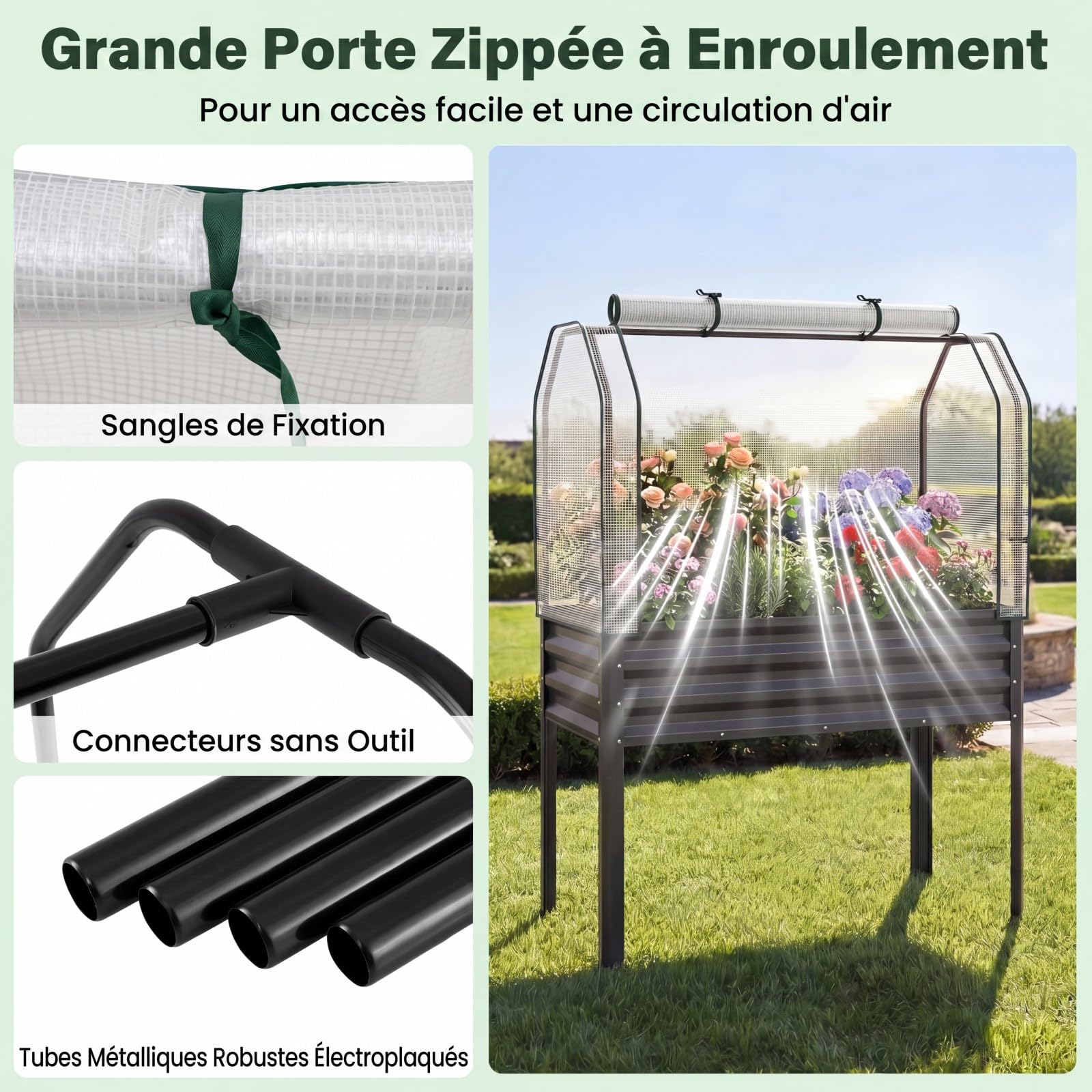 COSTWAY Jardinière Surélevée en Métal avec Serre (Gris) | Carré Potager avec Bâche de Protection, Mini Serre Extérieure avec Porte Zippée Enroulable pour Légumes Plantes Fleurs