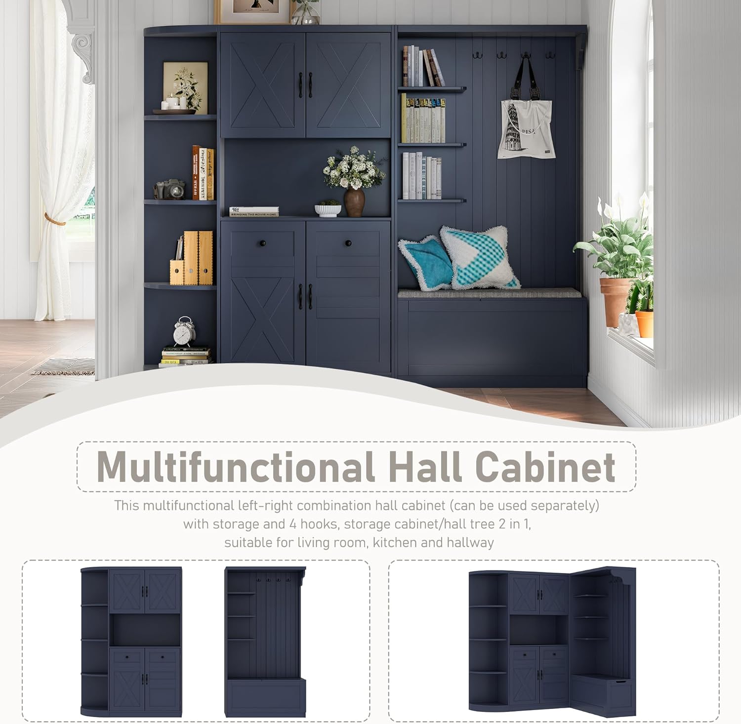 SOFTSEA Extra Large Hall Tree with Bench, Left-right Combination Hall Cabinet with Drawers & Shoe Storage Cabinets, Can Be Used Separately, Entryway Cabinet with 4 Hooks, for Living Room, Antique Blue