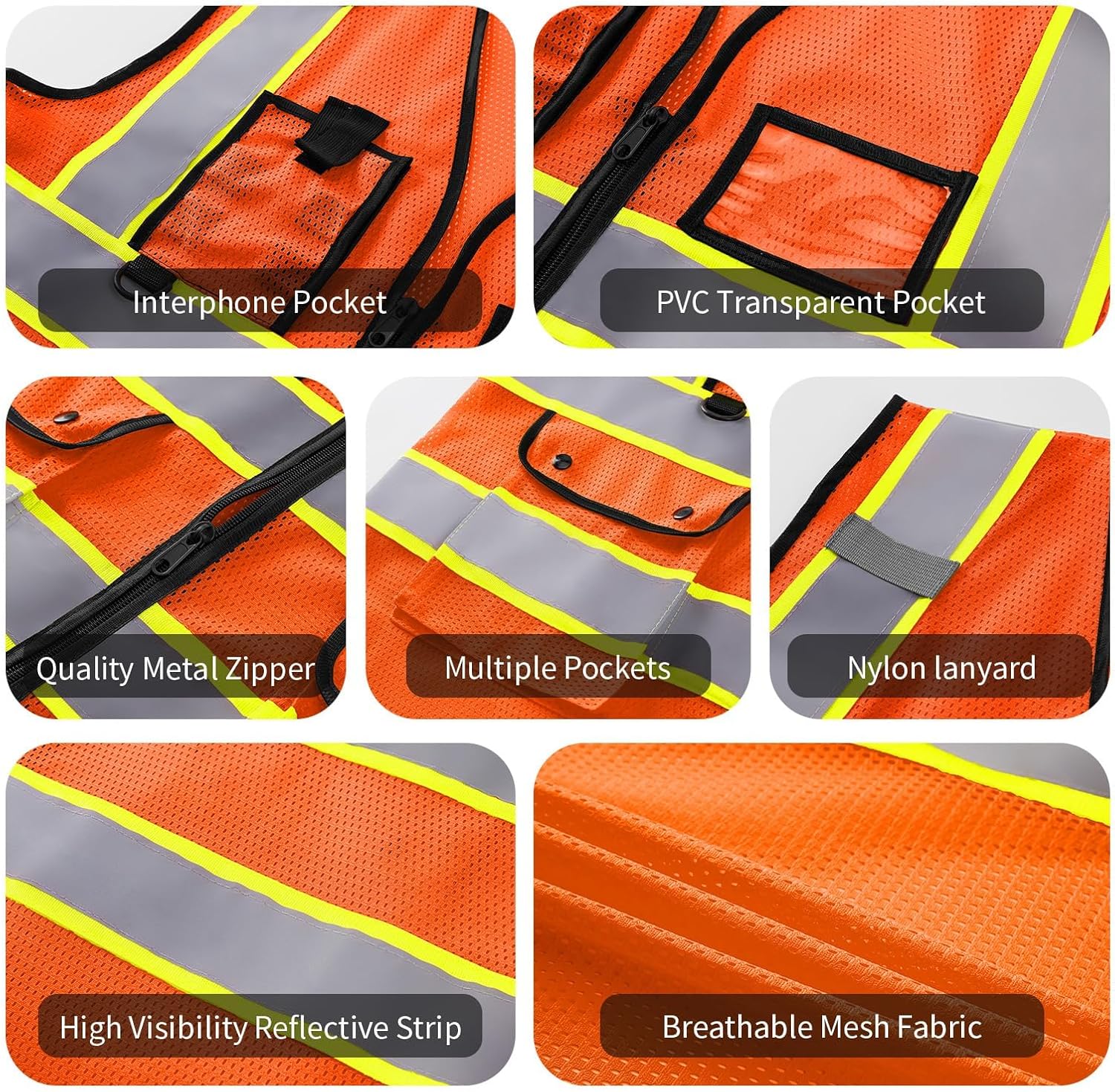 Custom Logo Safety Vest Customize Class 2 ANSI Standard Visibility Reflective Vests Bulk with Pockets and Zipper