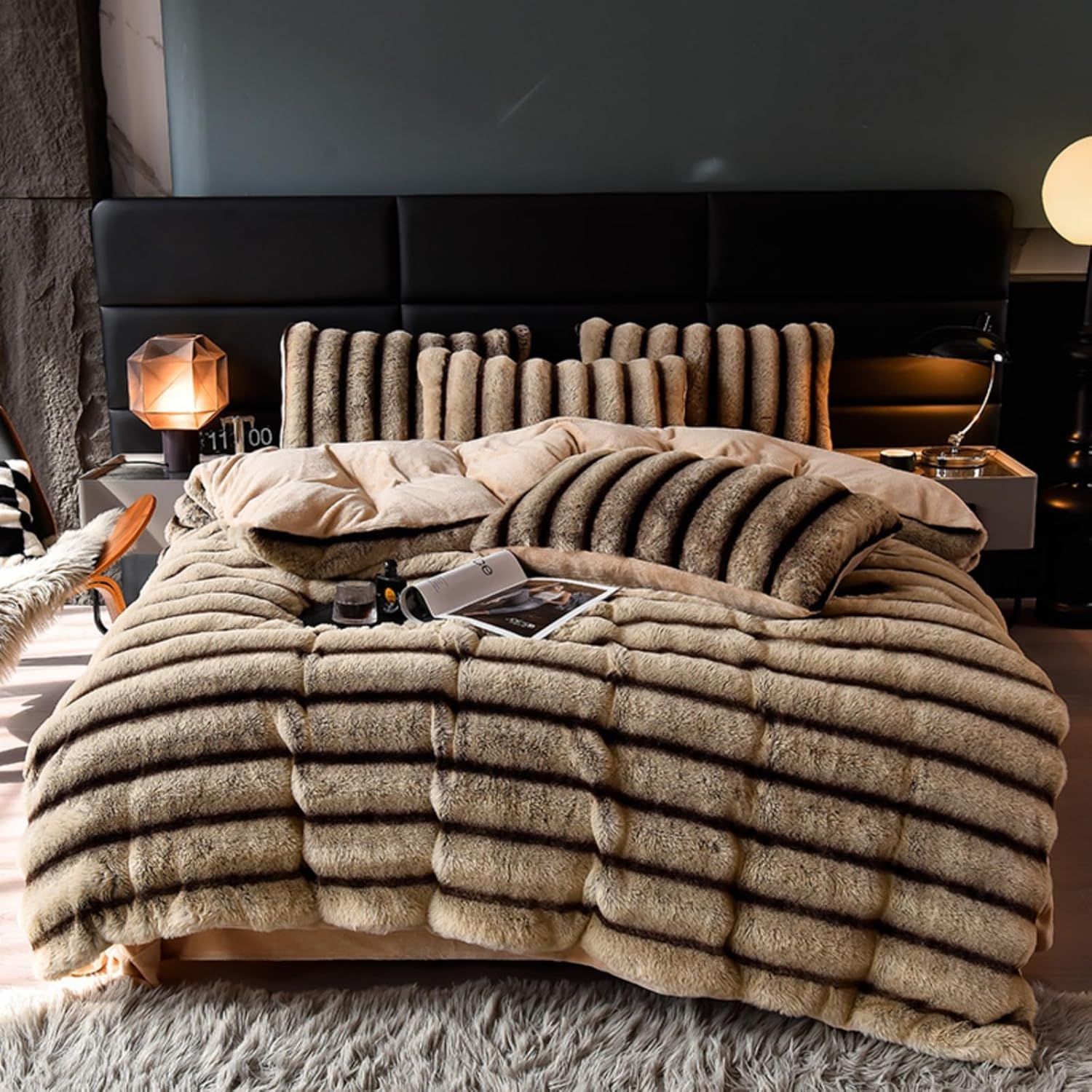 Striped Fluffy Duvet Cover - Ultra Soft Plush Duvet Cover Queen Size - Warm Faux Fur Rabbit Bedding Set for Winter, 1 Duvet Cover & 2 Pillowcases, Comforter Not Included (Khaki)