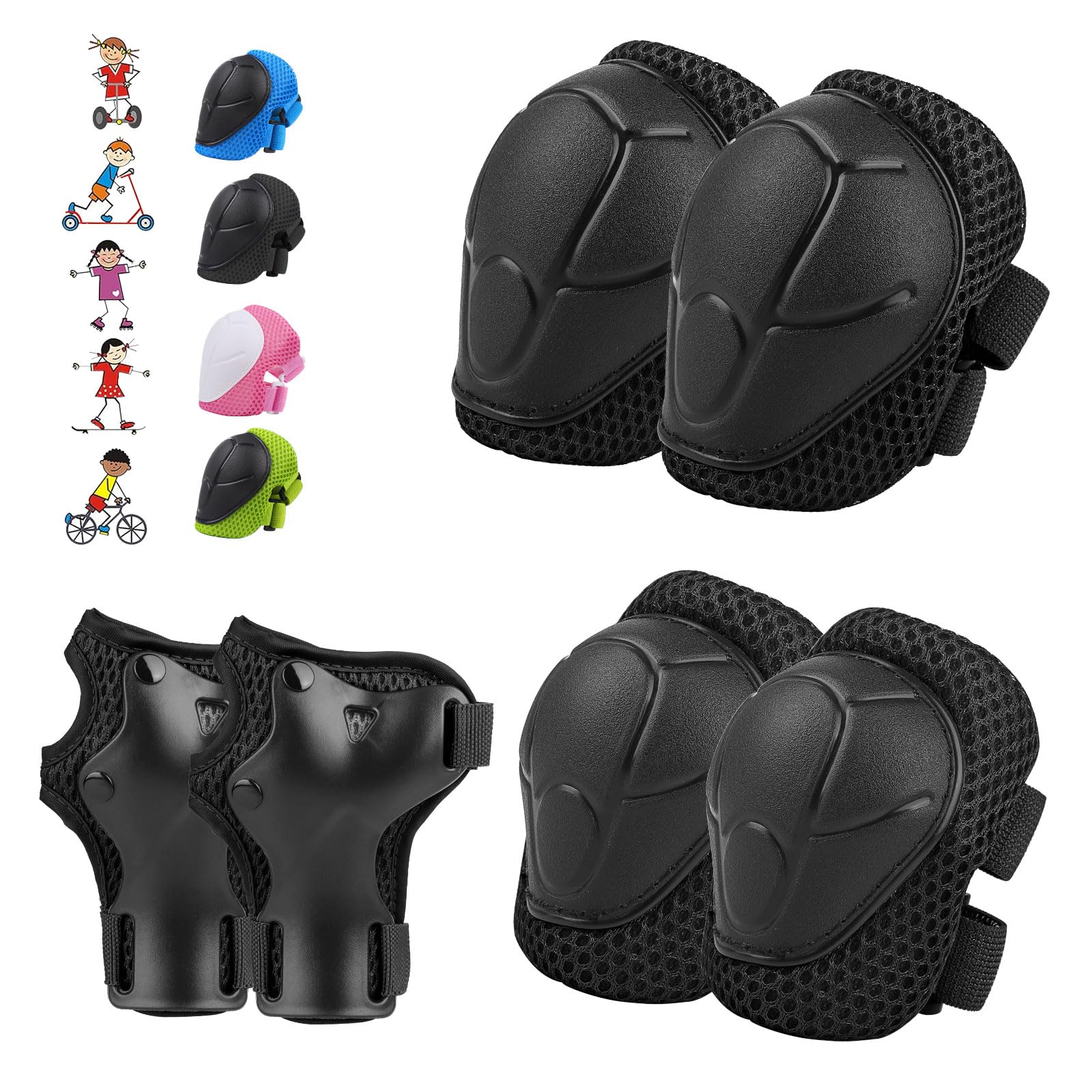 WayEee 6PCS Kids Protective Gear Set, Knee Pads for Kids 3-14 Years Old, Toddler Knee Pads and Elbow Pads, Wrist Guards Set, Skating Cycling Bike Rollerblading Scooter, Upgraded & Durable Material