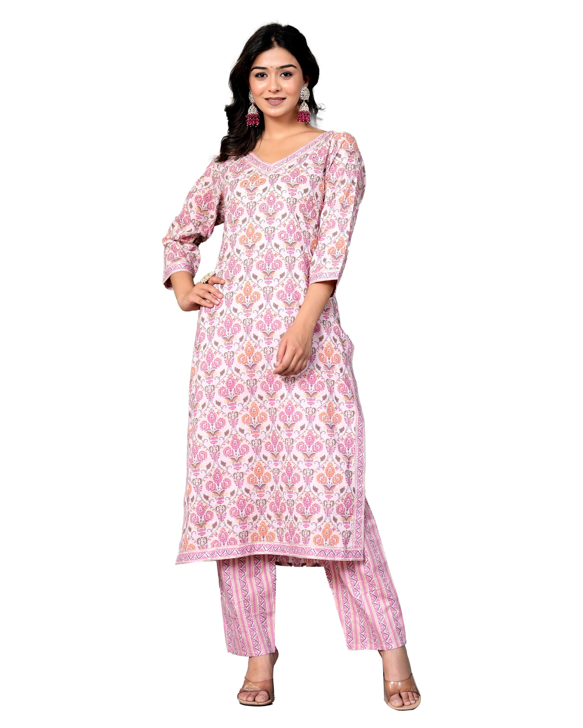 MANHAREE | Women's Cotton Printed Straight Kurta & Pant Set