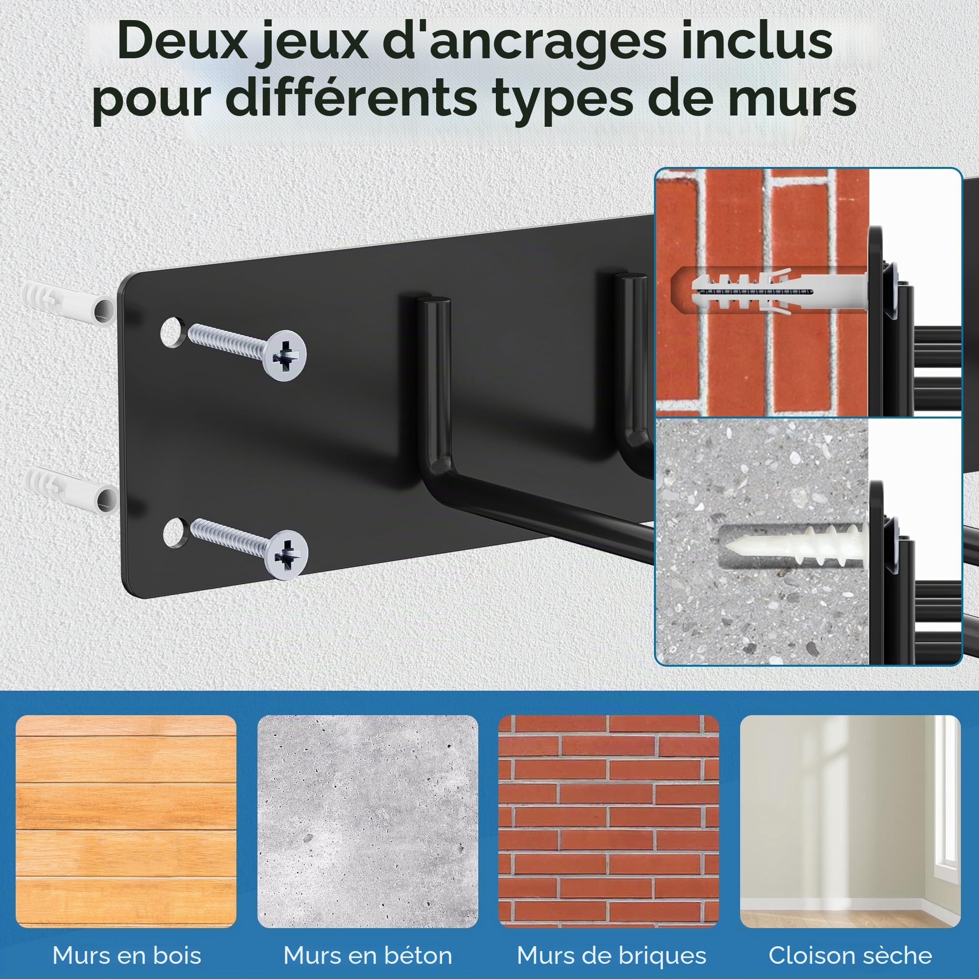 Urban Deco Support mural en métal pour Outillage de Jardin, capacité de charge de 150 kg, avec 4 crochets doubles et 2 panneaux, pour outils de jardin dans le garage, le jardin, la cave, noir