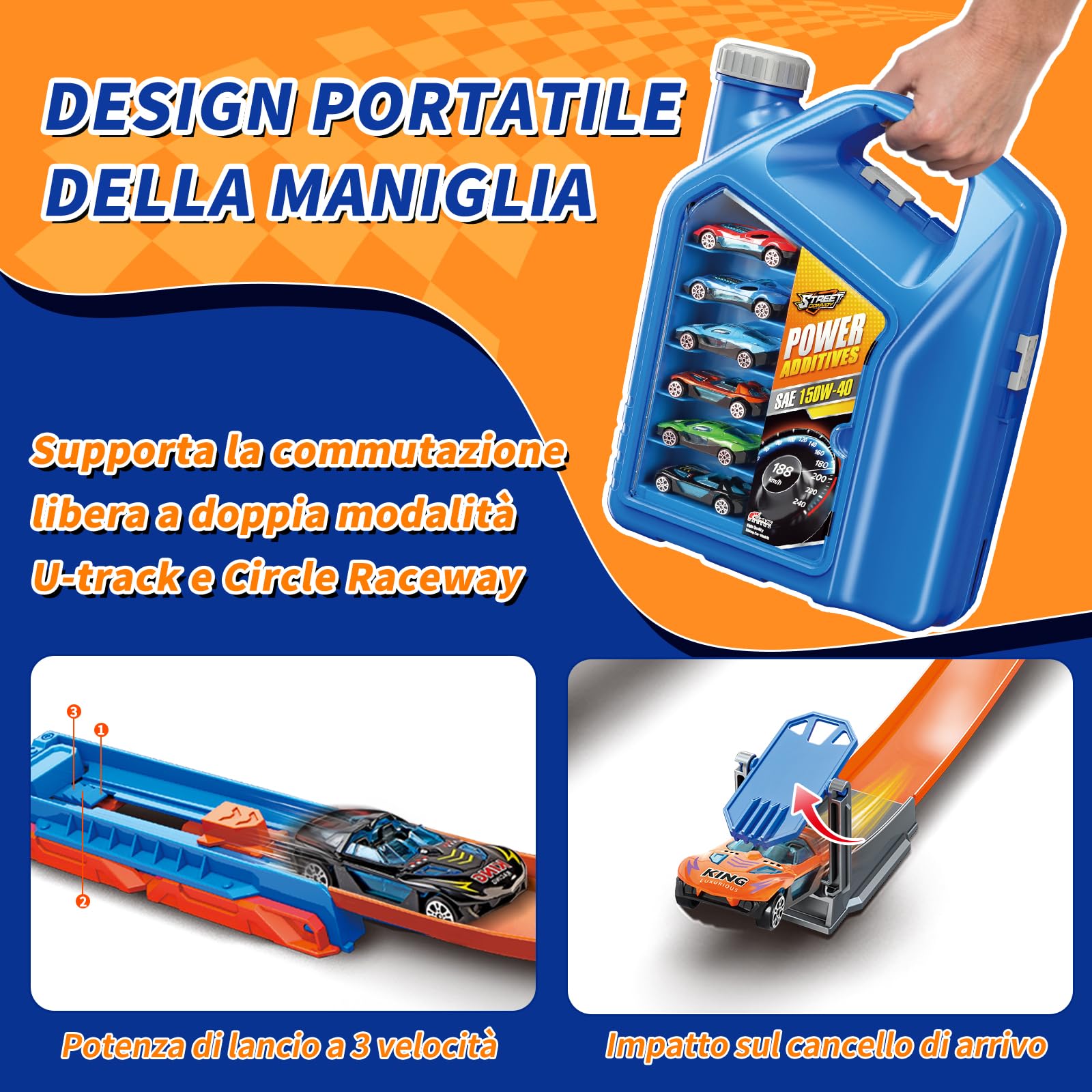 Charmofun Pista Macchinine 2 in1, Giocattolo Piste da Corsa con 6 Auto, Scatola Immagazzinaggio, Piste Macchinine per Bambini con Anello e Binari a U, Portatile Pista per Bambini 3+ Anni (Blu)