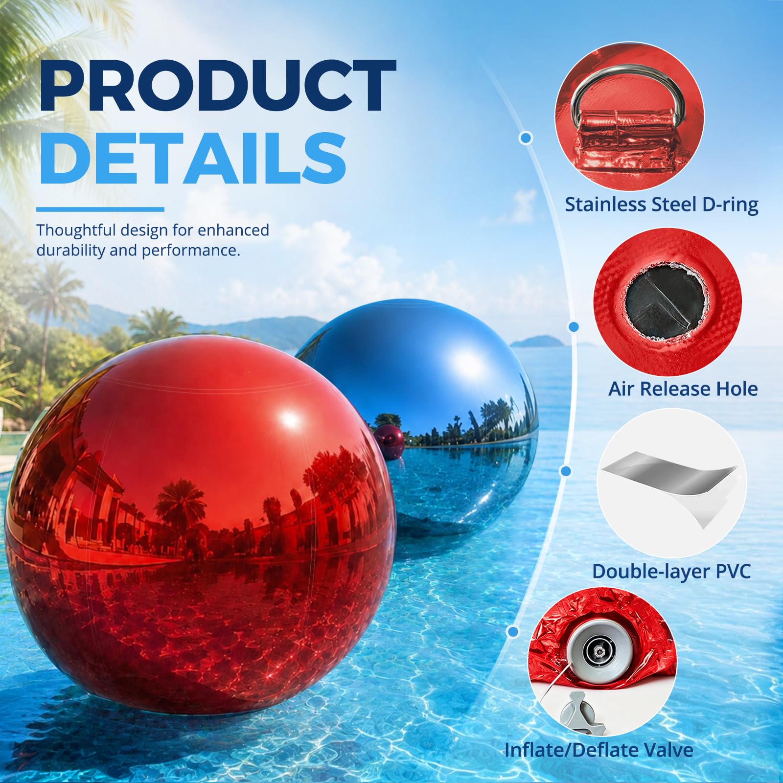 Rouge Boule Miroir Gonflable 50 CM avec Pompe Gonflable Grandes boules brillantes Décorations de Noël