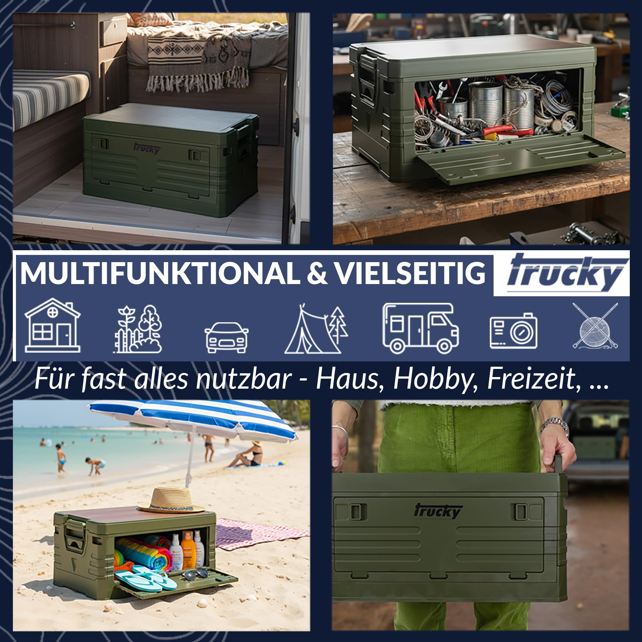 Trucky Storage Box mit Deckel Camping Klappbox Klappkiste Aufbewahrungsbox | 2er Set 35 L, 48 x 30 x 24 cm, Grün, faltbar, Aufbewahrung, Kiste