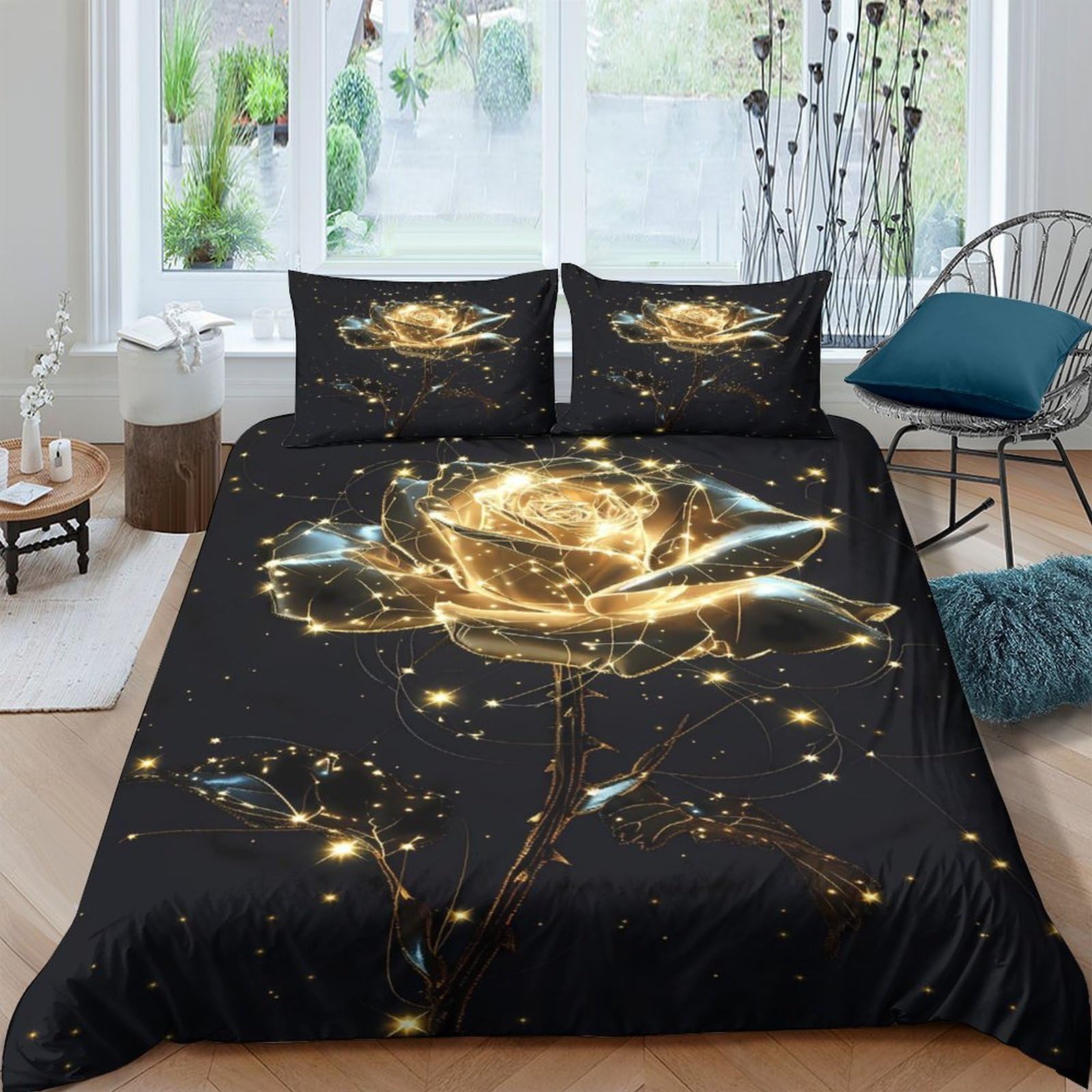 Ctjqhvkz Style-9 3D Printed Golden Rose Fitted Sheet Microfiber Soft Black Bedding Sparkle Bed Cover For Bedroom Guest Room Decoration Single（135X200cm）