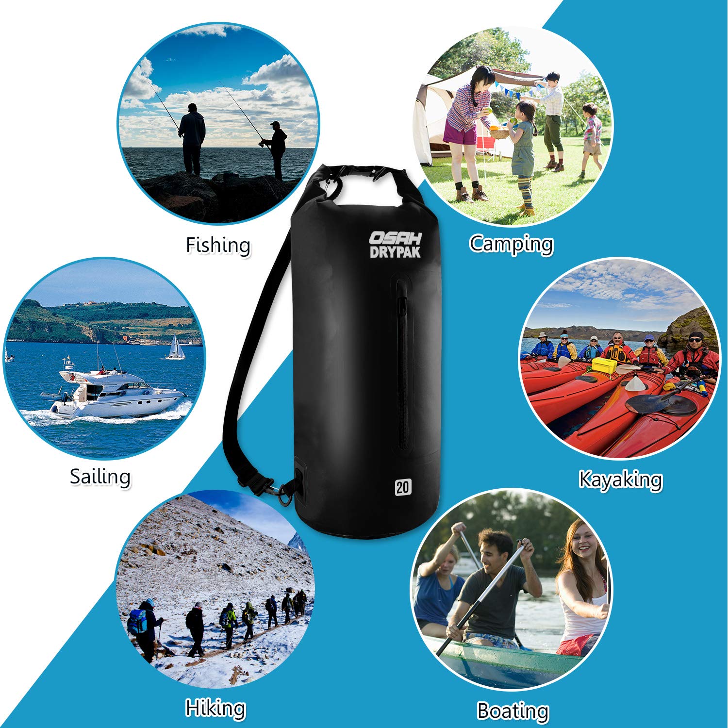OSAH DRYPAK Borse Impermeabile Sacca Dry Bag 5L 10L 15L 20L 30L con Tracolla Regolabile per Spiaggia Sport d'Acqua Trekking Kayak Canoa Pesca Rafting Nuoto Campeggio