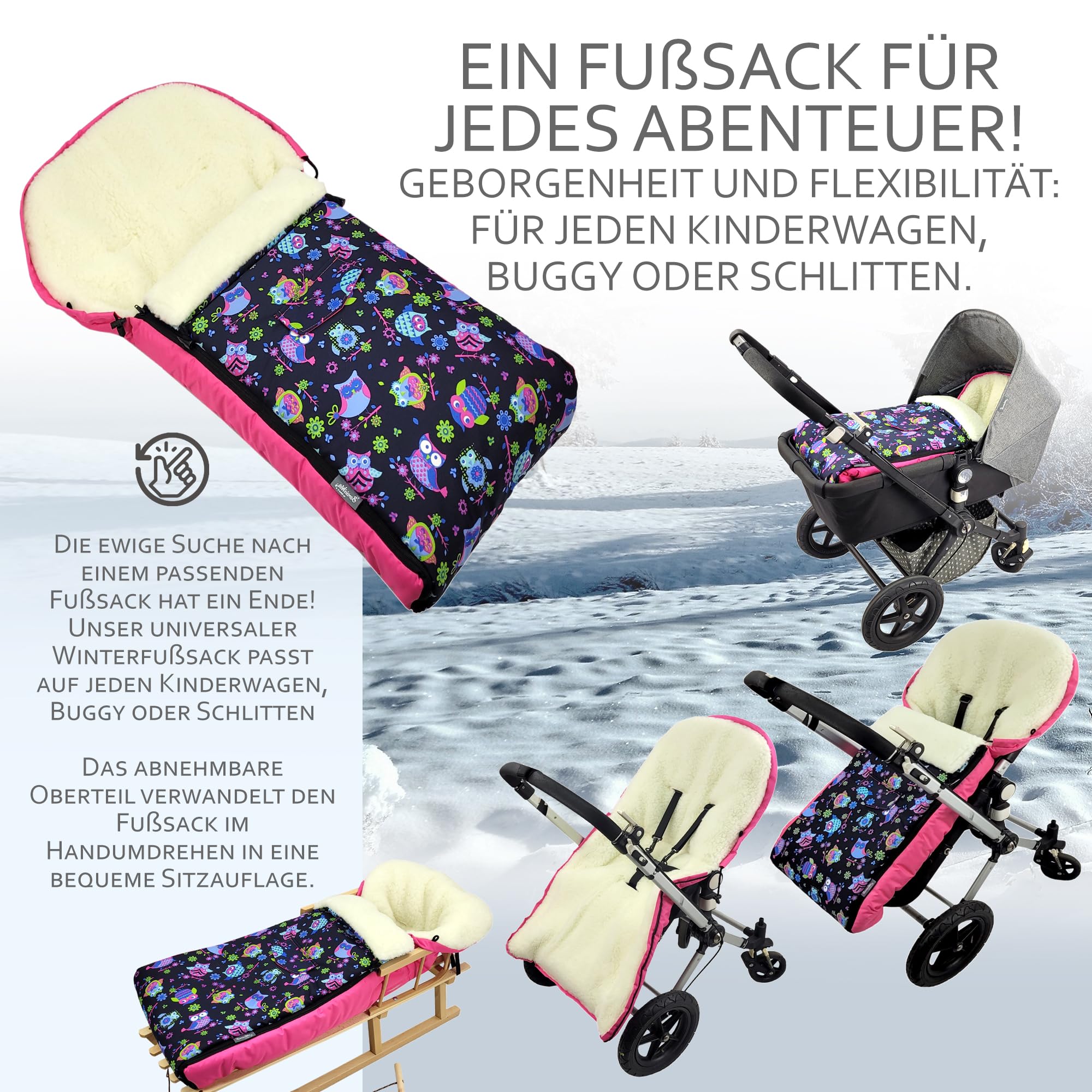 BAMBINIWELT uniwersalny śpiwór zimowy na nogi (90 cm lub 108 cm), nadaje się również do fotelika dla niemowląt, wózków dziecięcych, spacerówek, z wełny, wzór sowy 108 cm $7