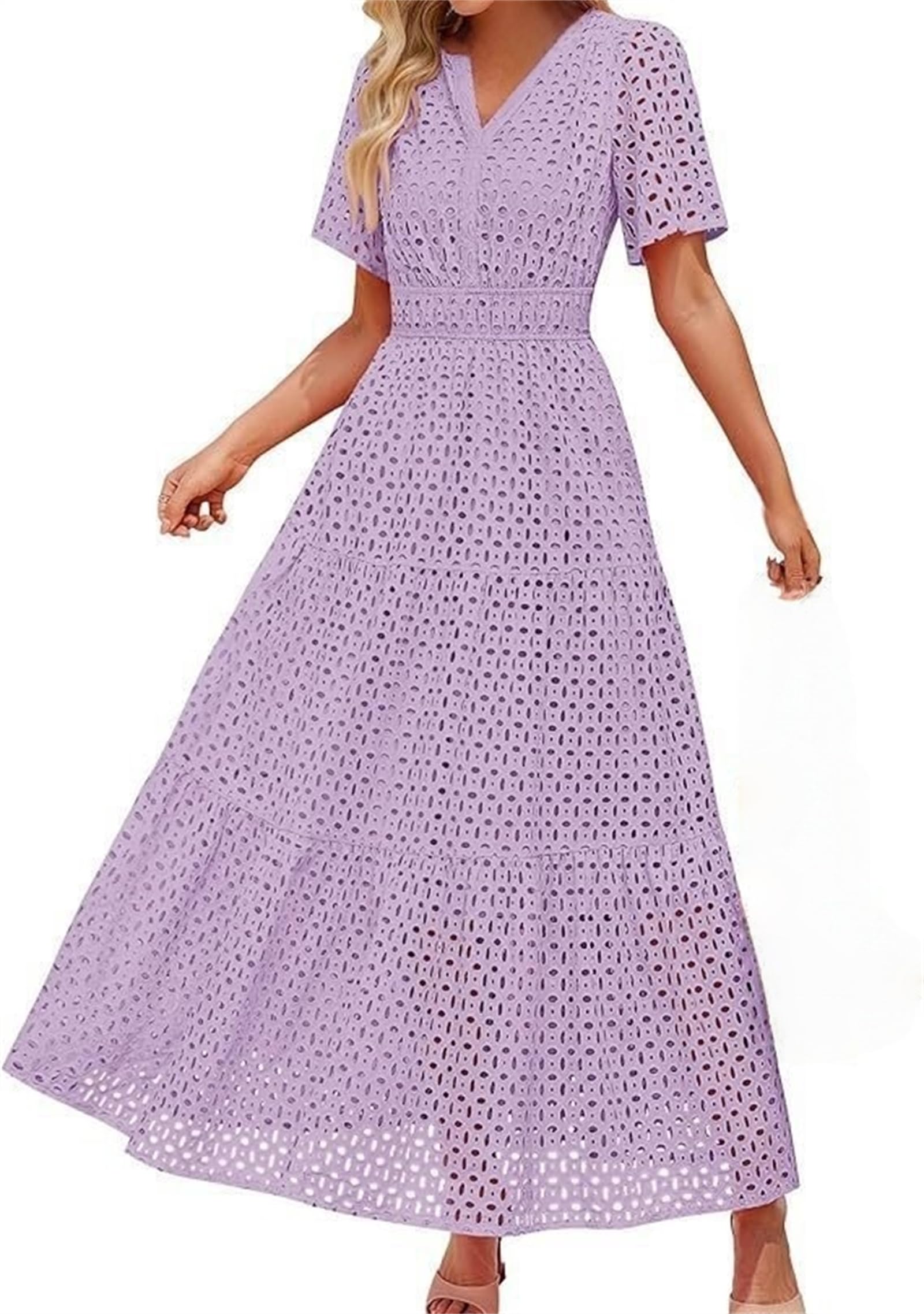 Vestido maxi de verano para mujer, manga corta, informal, con ojales, cuello en V, cintura alta, volantes, swing en línea A, vestidos largos que fluyen