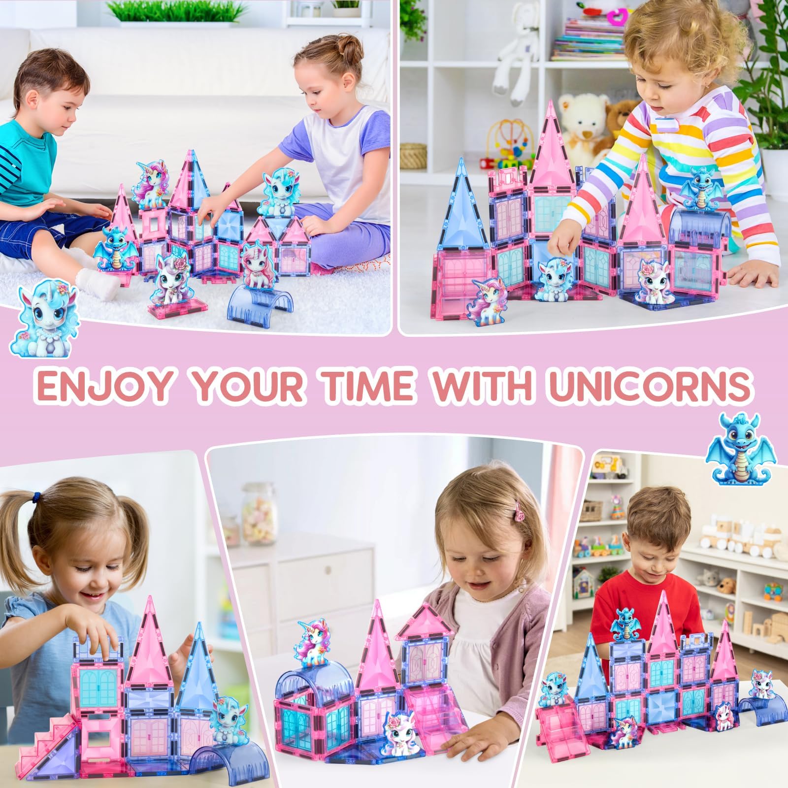 Azulejos magnéticos de unicornio, juguetes de unicornio para niñas de 4 a 6 años, bloques de construcción magnéticos para niños, azulejos magnéticos de diamante, juguete educativo 3D, construcción 5