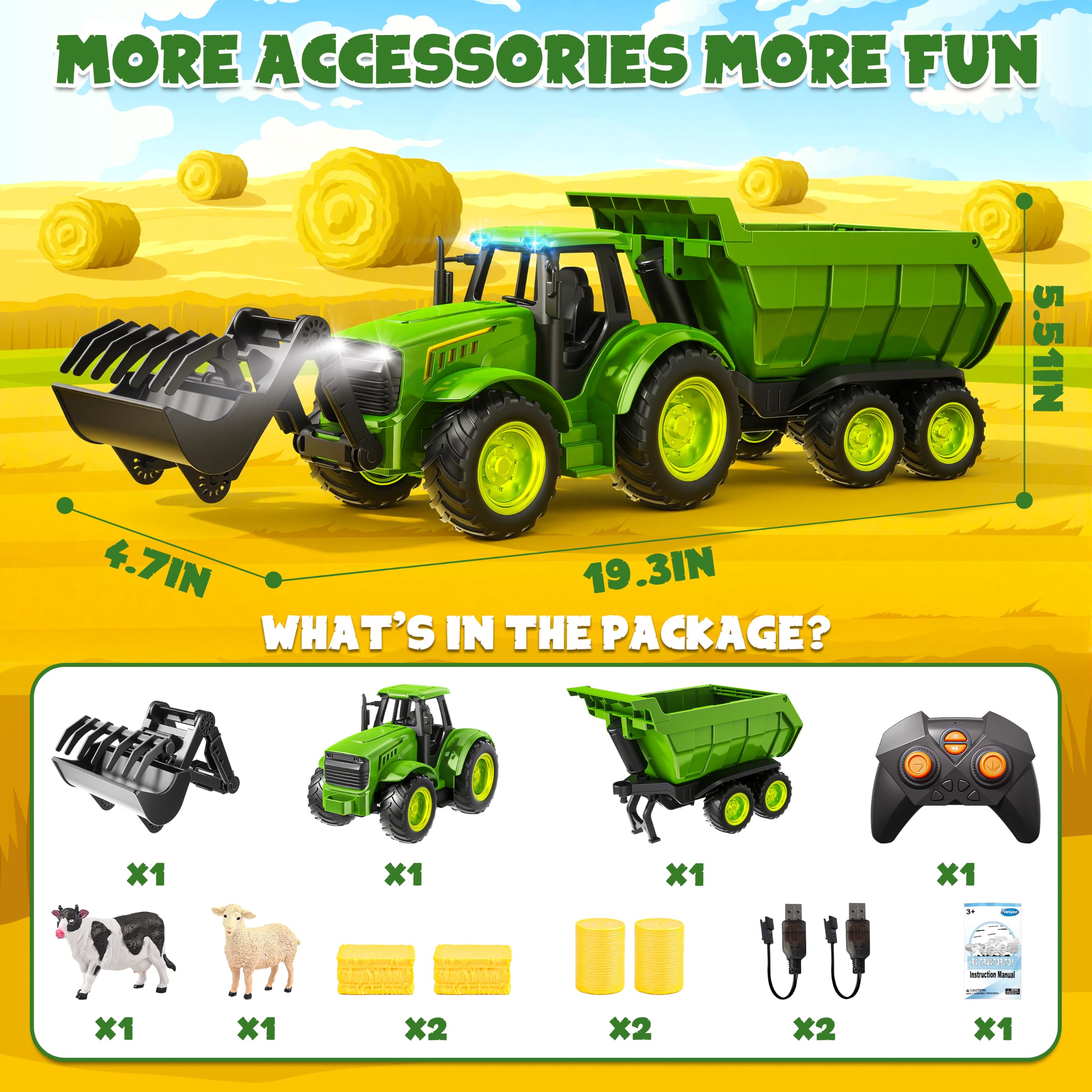 Funwee RC Farm Tractor Toy Playset con caricatore, rimorchio e animali