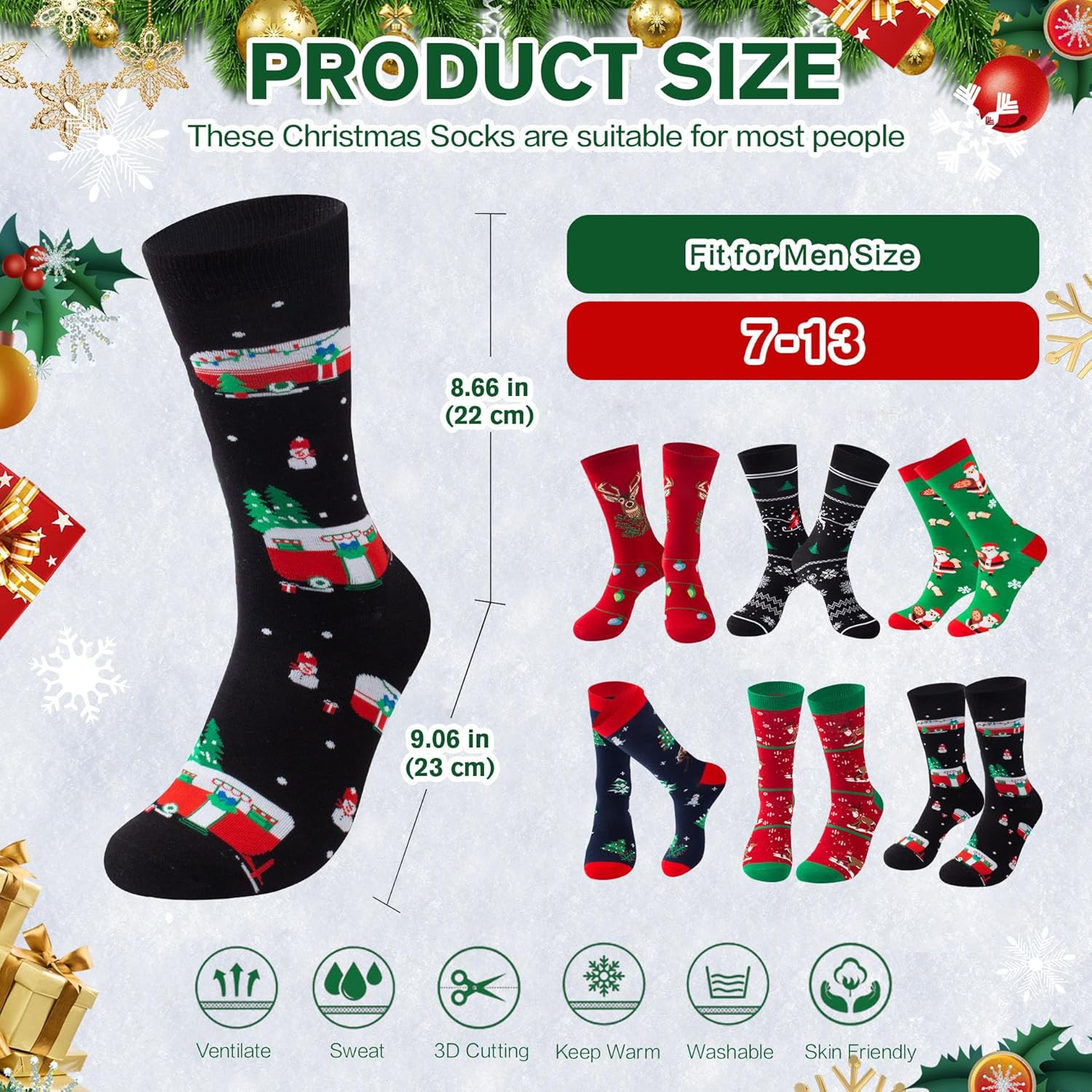Christmas Socks for Men Women: 6 Pairs Holiday Socks Cotton Cozy Xmas Crew Socks for Family Friends Gift Chirstmas - Image 4
