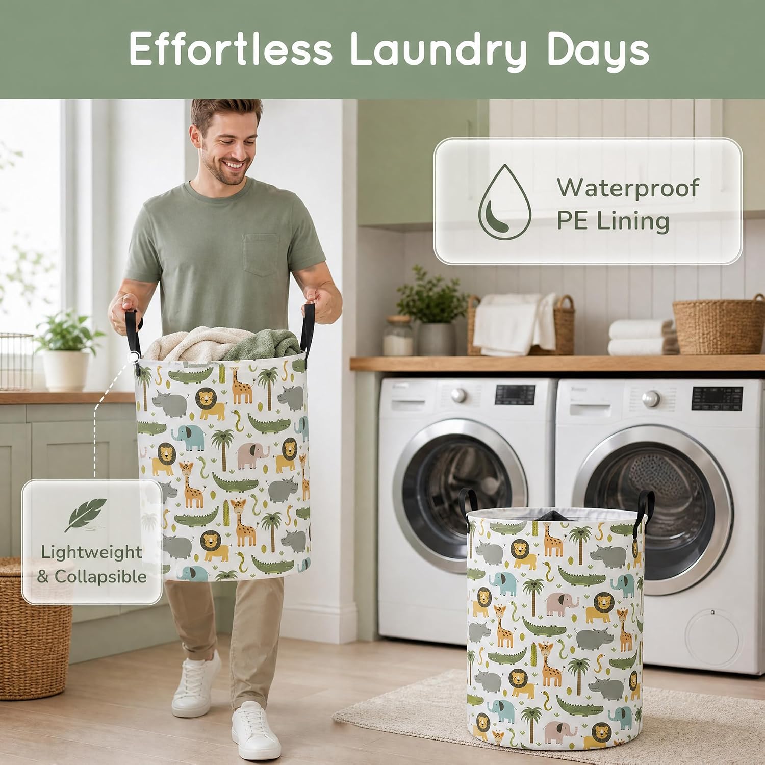 Baby Boy Hamper Waterproof Kids Laundry Basket Clothes Storage Bin Woodland Animal Nursery Room Decor (Green)