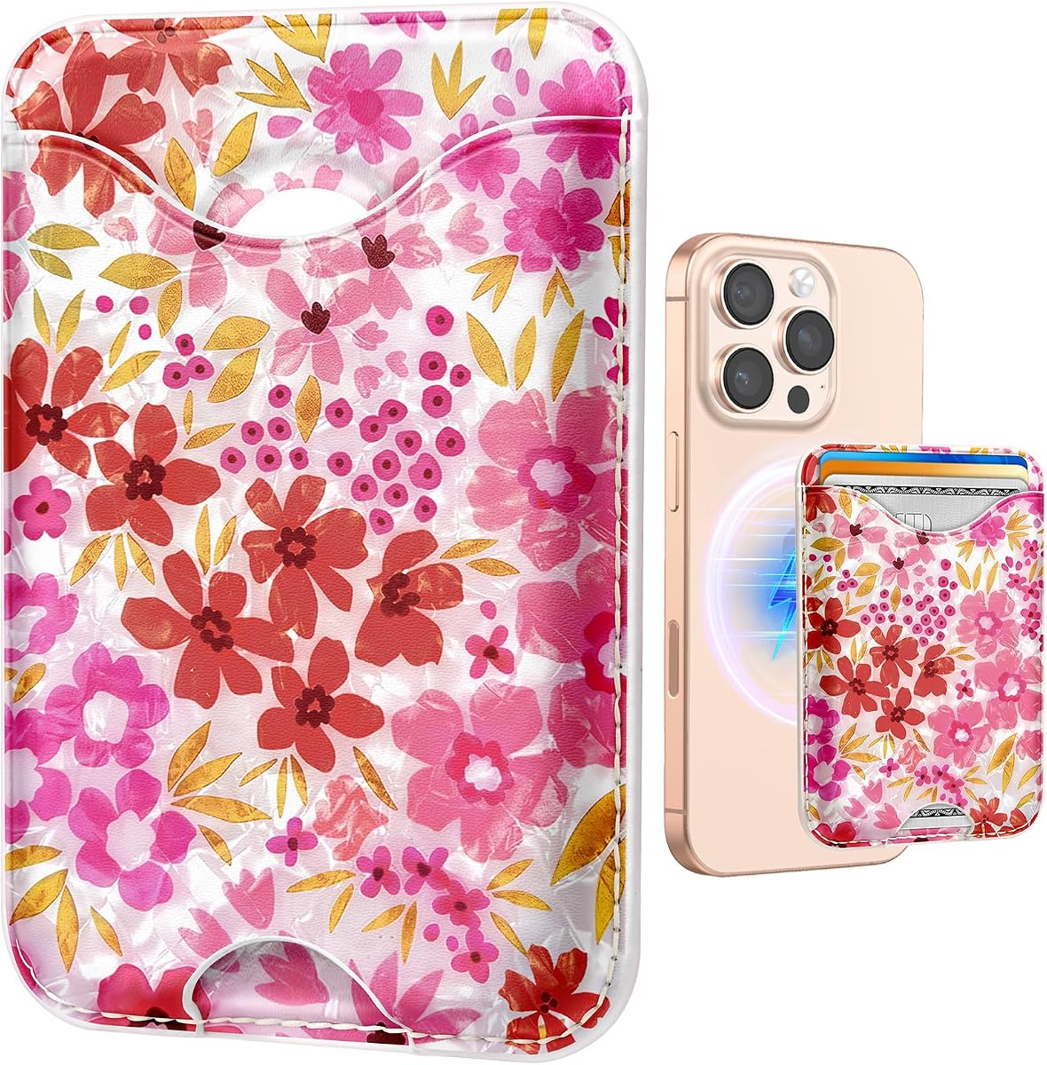 Shorogyt Compatible with Magsafe Wallet Magnetic Card Holder - Phone Wallets Cute Light Flower Design for Women Teen Girls Slim for iPhone 17/6/15/14/13/12 Series for Apple RFID Magnet, Fit 3 Cards