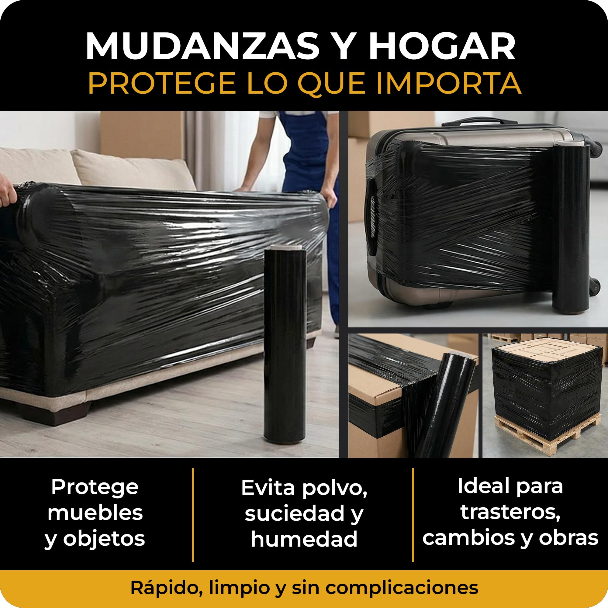 6 x Film Estirable Negro 25 Micras 50 cm x 2 Kg | Coreless System con Hasta un 20% Más Film Útil | Film para Paletizar Palets, Embalaje Profesional, Mudanzas, Almacén y Logística | Cia&Co (Pack de 6)