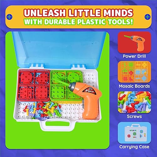 Miniatura 8 de Juego educativo creativo de Drill & Design, juguete con taladro real juego de herramientas con diseño de mosaico para construcción