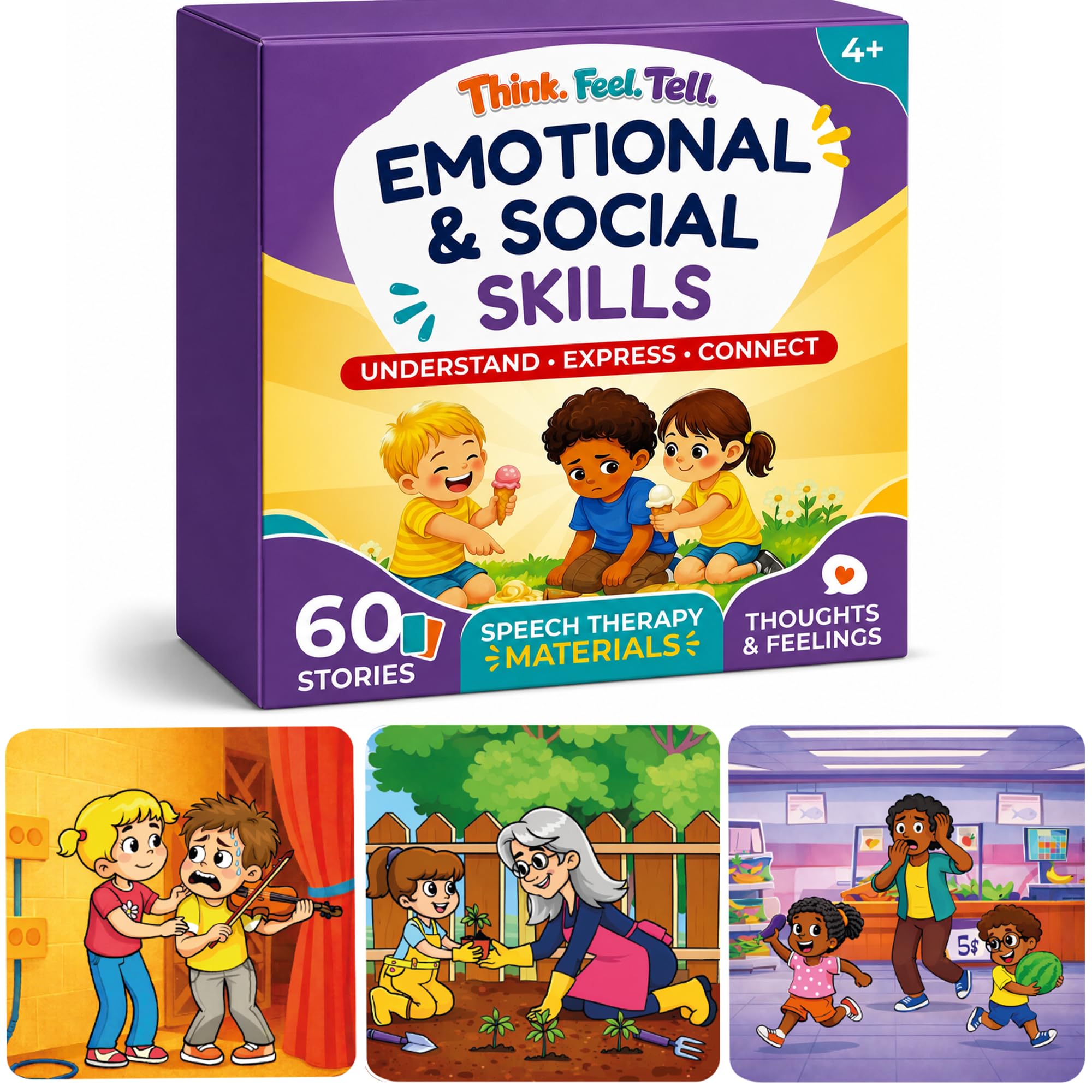 Quokka Learning Resources For 3+ Year Olds - Think Feel Tell Emotional & Social Skills Game for Kids - 60 Story Cards with 360 Questions, Speech Therapy Materials for Feelings, Empathy, Communication