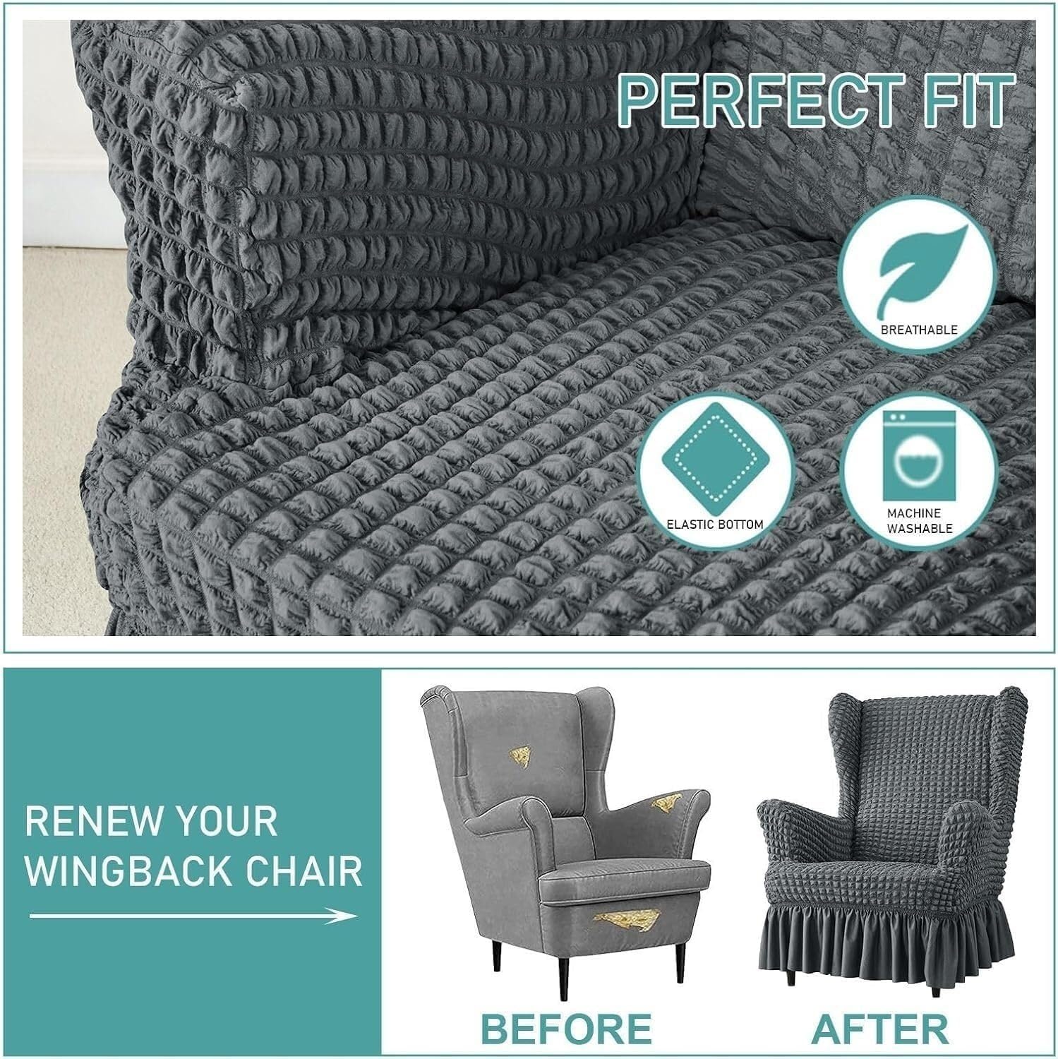 Stretch Seersucker Wingback Chair Cover, Universal Bubble Wingchair Slipcovers with Skirt, Living Room High Back Armchair Protector Set with Ottoman Covers(Dark Gray,Chair)