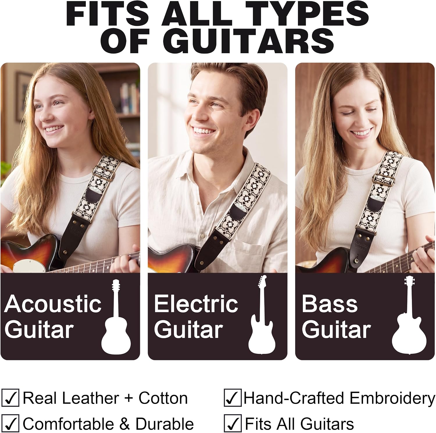 64 Inch Guitar Strap, Unique Black White Jacquard Design Adjustable Strap with Premium Cowhide Leather Ends, 2 Inch Wide with Locks and Picks for Musicians (Vintage black-and-white ethnic style) image 3