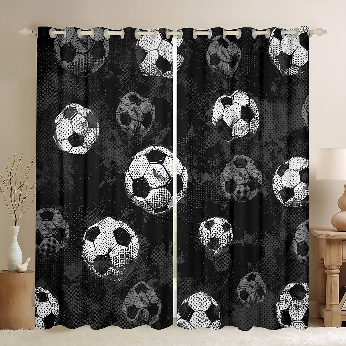 Homewish Football Blackout Curtains 46 x 72 Inch 2 Panels - Football Curtains Eyelet Grey for Teens Boys Bedroom Dorm - Sports Themed Living Room Darkening Window Drapes - Black White Gray โ image 1