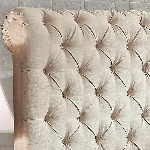 Miniatura 4 de Rosevera Gideon - Marco de cama tapizado de tela con cabecera ajustable, estilo Chesterfield, soporte de listones de madera, fácil montaje,