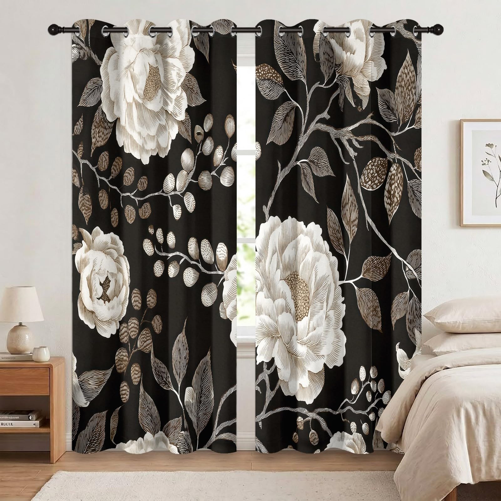 Rideau occultant à Motif de Pivoine Botanique Victorienne, Plante Rideaux œillets Isolation Thermique Traitements fenêtre à œillets pour Chambre À Coucher, 140L X 260H cm (2 Panneaux), Noir