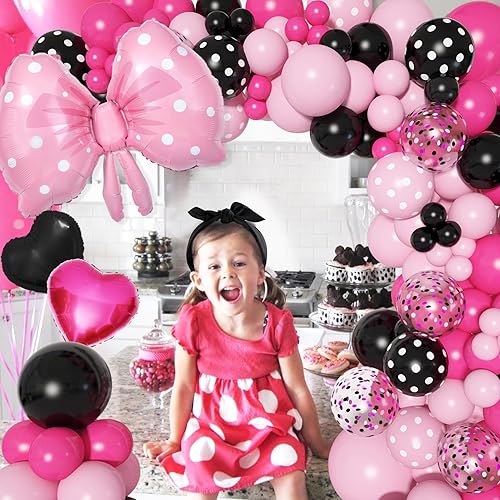 Miniatura 5 de Ouddy Party Kit de arco de guirnalda de globos de ratón rosa para decoración de fiesta de cumpleaños con temática de ratón de dibujos animados,