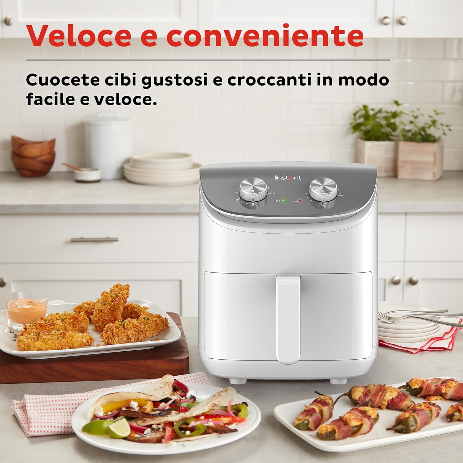Instant Friggitrice Ad Aria Compatta 3.8L, Pasti Sani Senza Olio, Temperatura Regolabile, Timer, Bianco - 1500W