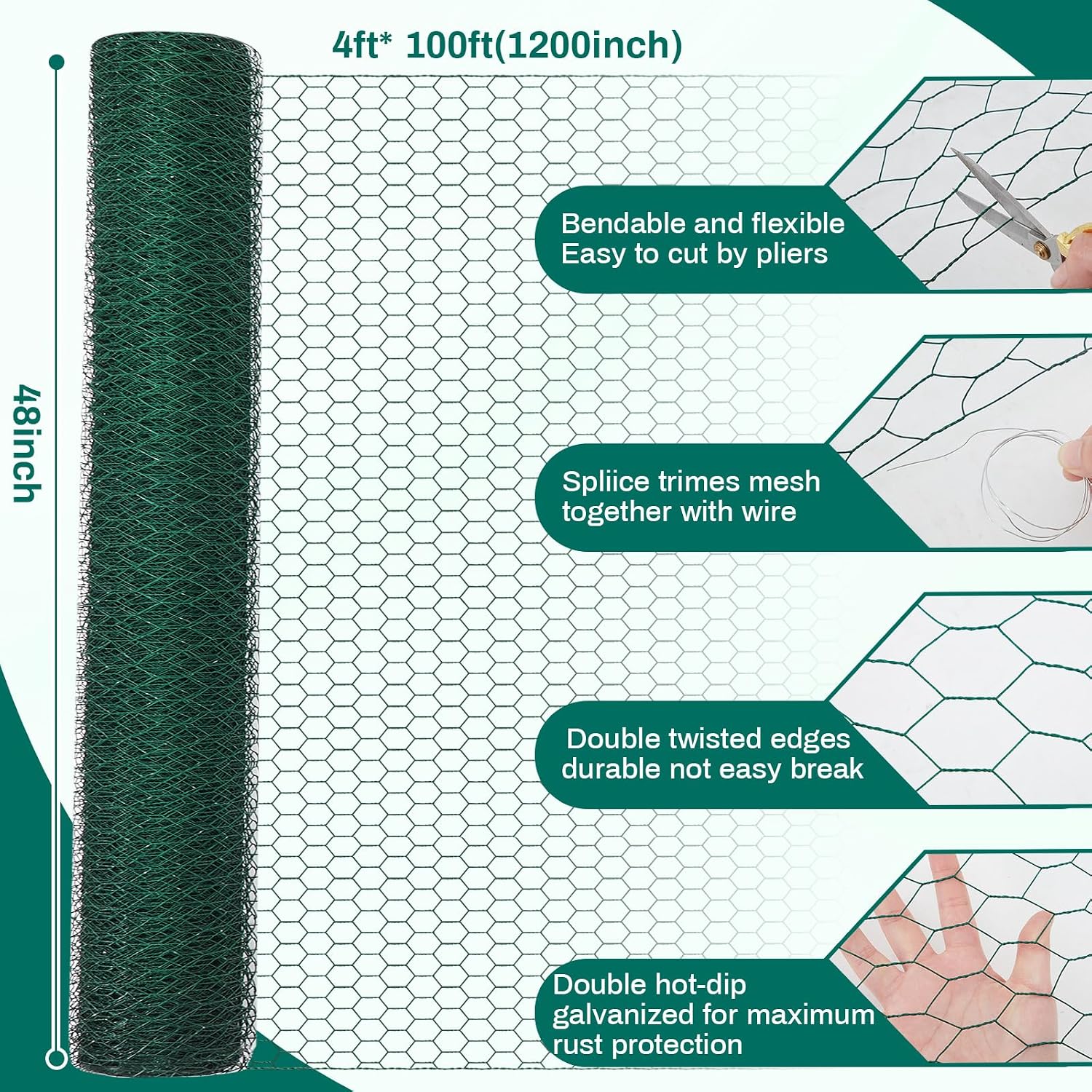 glikceil 48 in x 100 ft chicken wire fencing, metal chicken wire fence for crafting, garden protection, 0.5 inch hexagonal galvanized hardware cloth netting for fowl coop barrier, rabbit cage(green) green 49.8"l x 6.1"w x 5.7"h