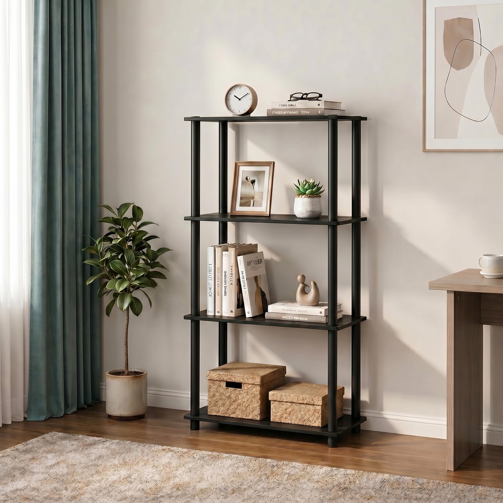 Furinno TURN-N-TUBE Storage Shelves, 4-Tier Book Shelf, Corner Shelf, Toolless Open Shelves, for Organization and Storage, Living Room, Bedroom, Entryway, Laundry, Black Espresso