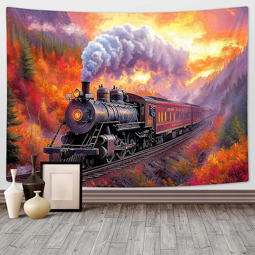 Tapiz de Tren de Vapor, Tapices de Paisaje Otoñal de Tren de Motor Antiguo Decoración para Niños, Tapices de Arte de Acuarela de Bosque de Montaña
