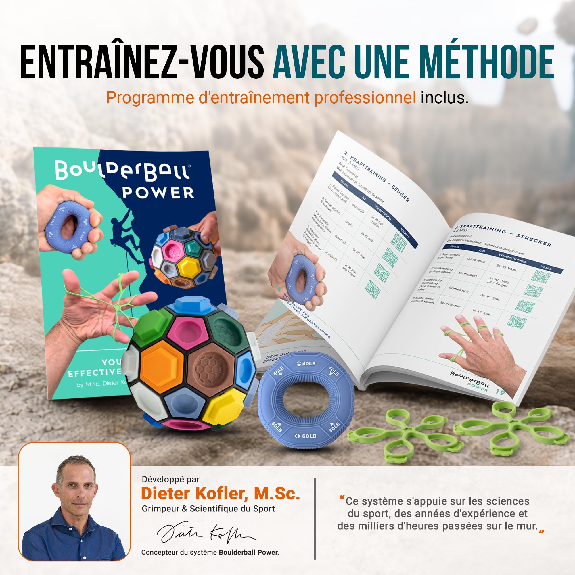 BOULDERBALL POWER Set d’entraînement pour la force des doigts, de la main et de l’avant bras - Avec Boulderball, anneau grip, bande extensible et plan d’entraînement - Pour grimpeurs et sportifs