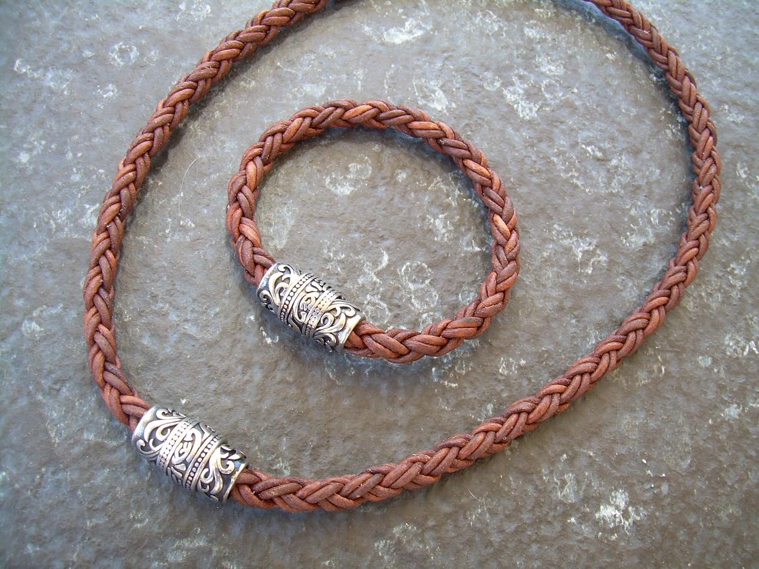 Handmade Medium Brown Thick Braided Leather Bracelet and Necklace Two Piece Set with Filigreed Stainless Steel Magnetic Clasp