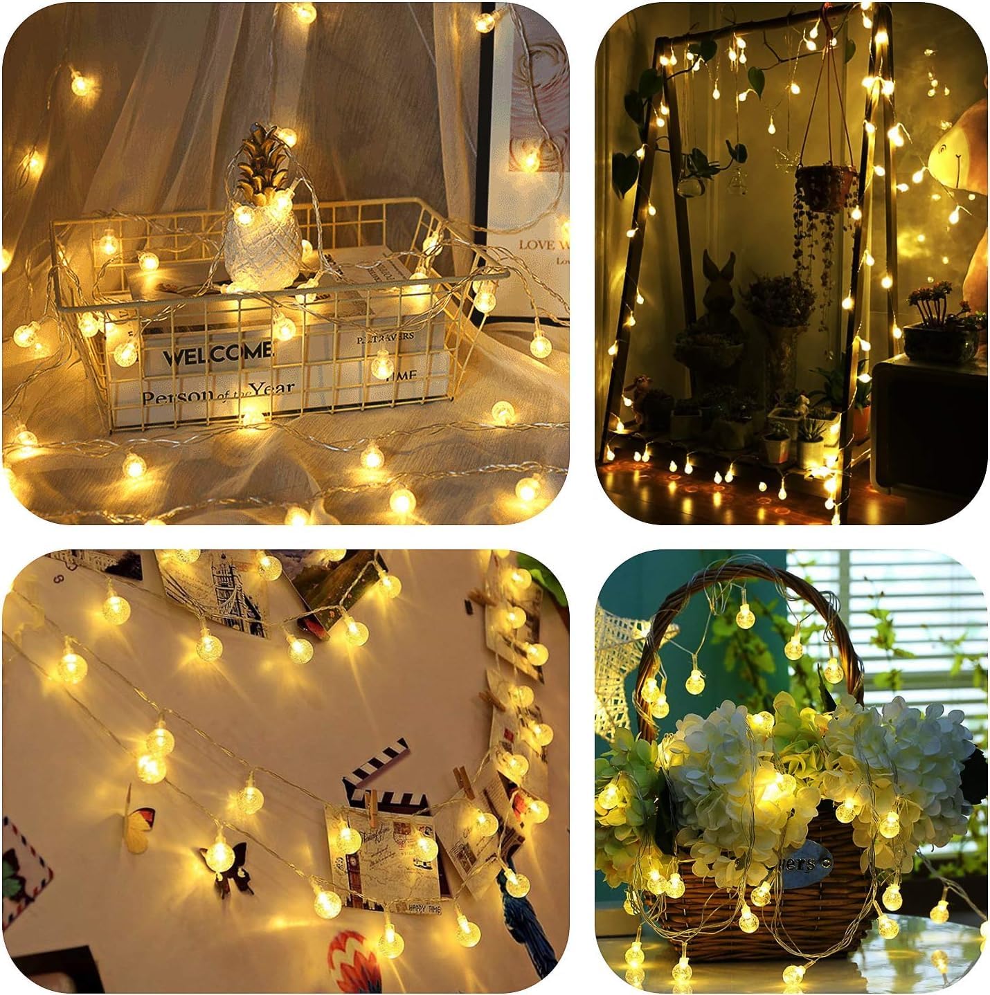 Battery Operated Globe String Lights 16FT Waterproof 30 LED 8 Modes Outdoor String Lights Crystal Ball String Light with Timer for Backyard Garden Balcony Pergola, Warm White (2 Pack)