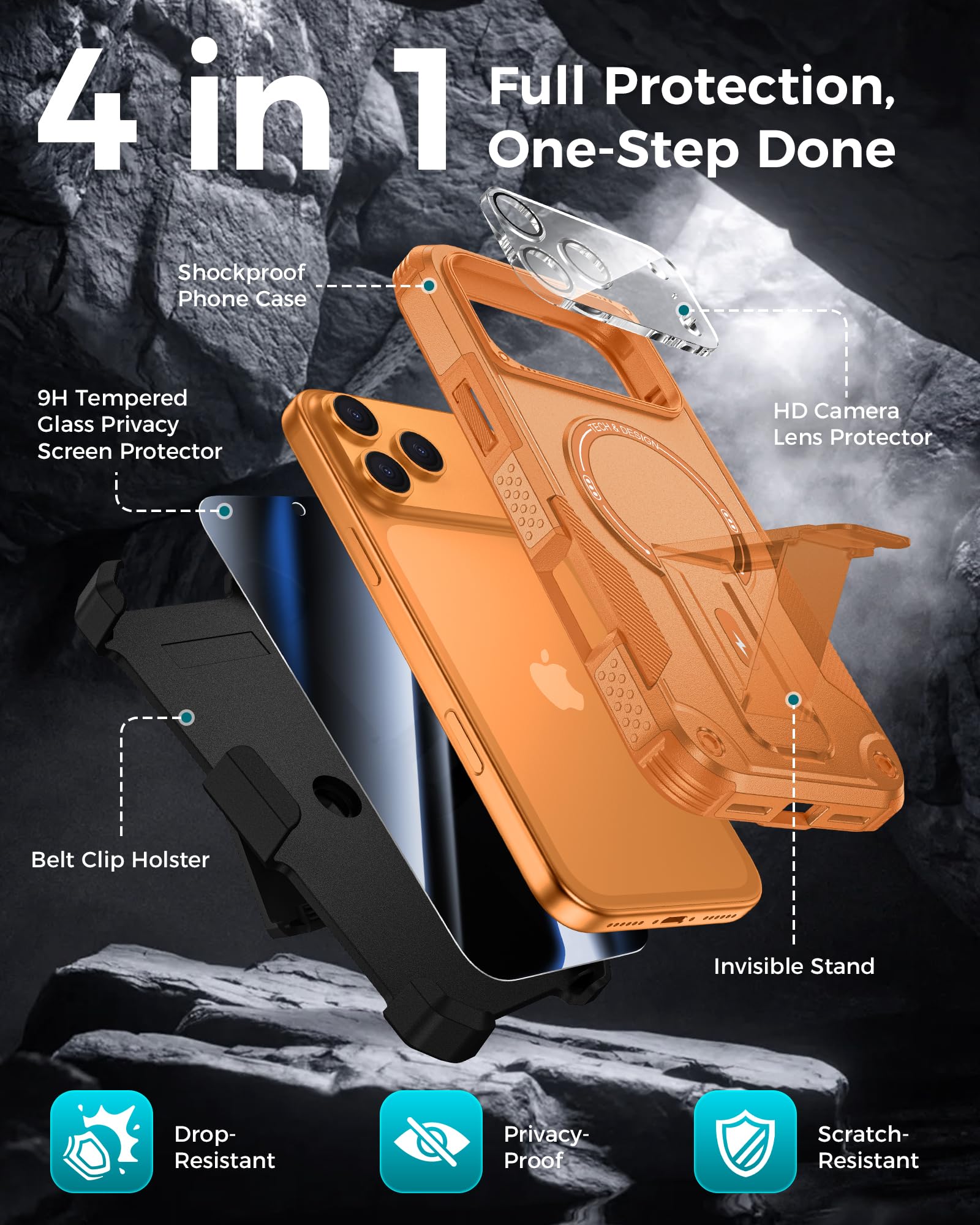 Goton Custodia 4in1 per iPhone 17 Pro con clip da cintura fondina arancione